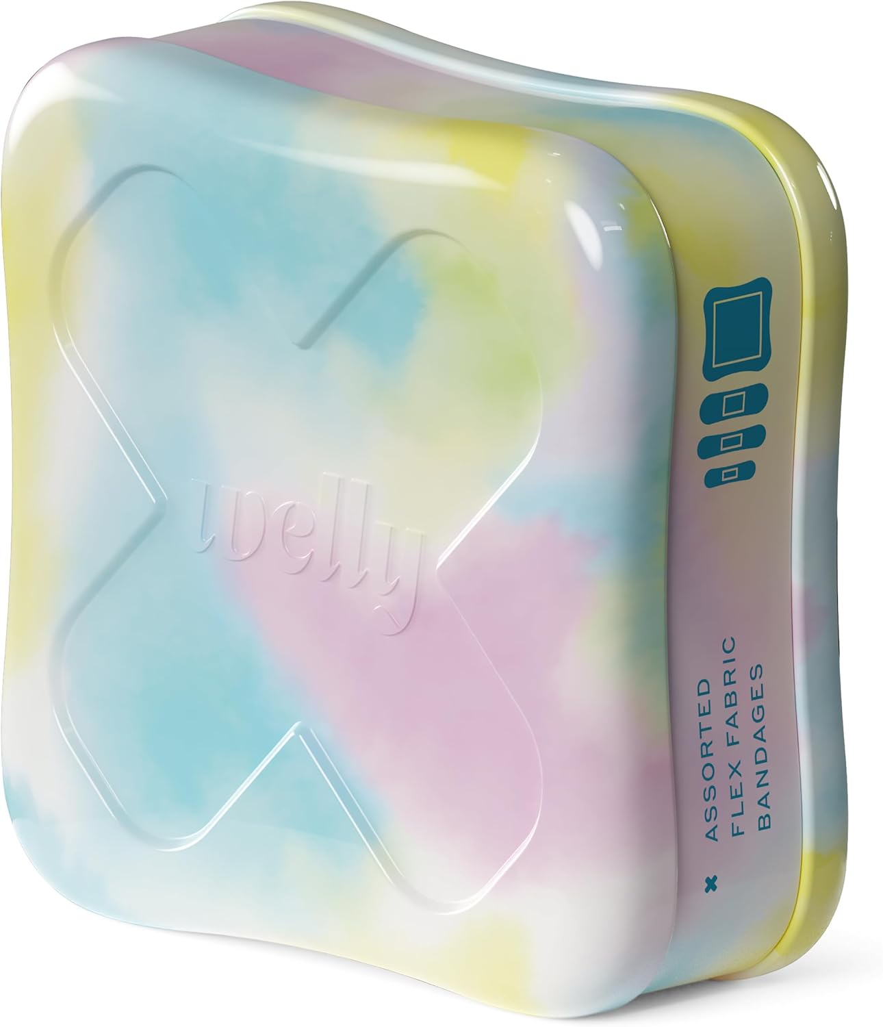 Welly Bandages | Adhesive Flexible Fabric Bravery Badges | Assorted Shapes for Minor Cuts, Scrapes, and Wounds | Colorful and Fun First Aid Tin | Colorwash Tie Dye Patterns - 48 Count