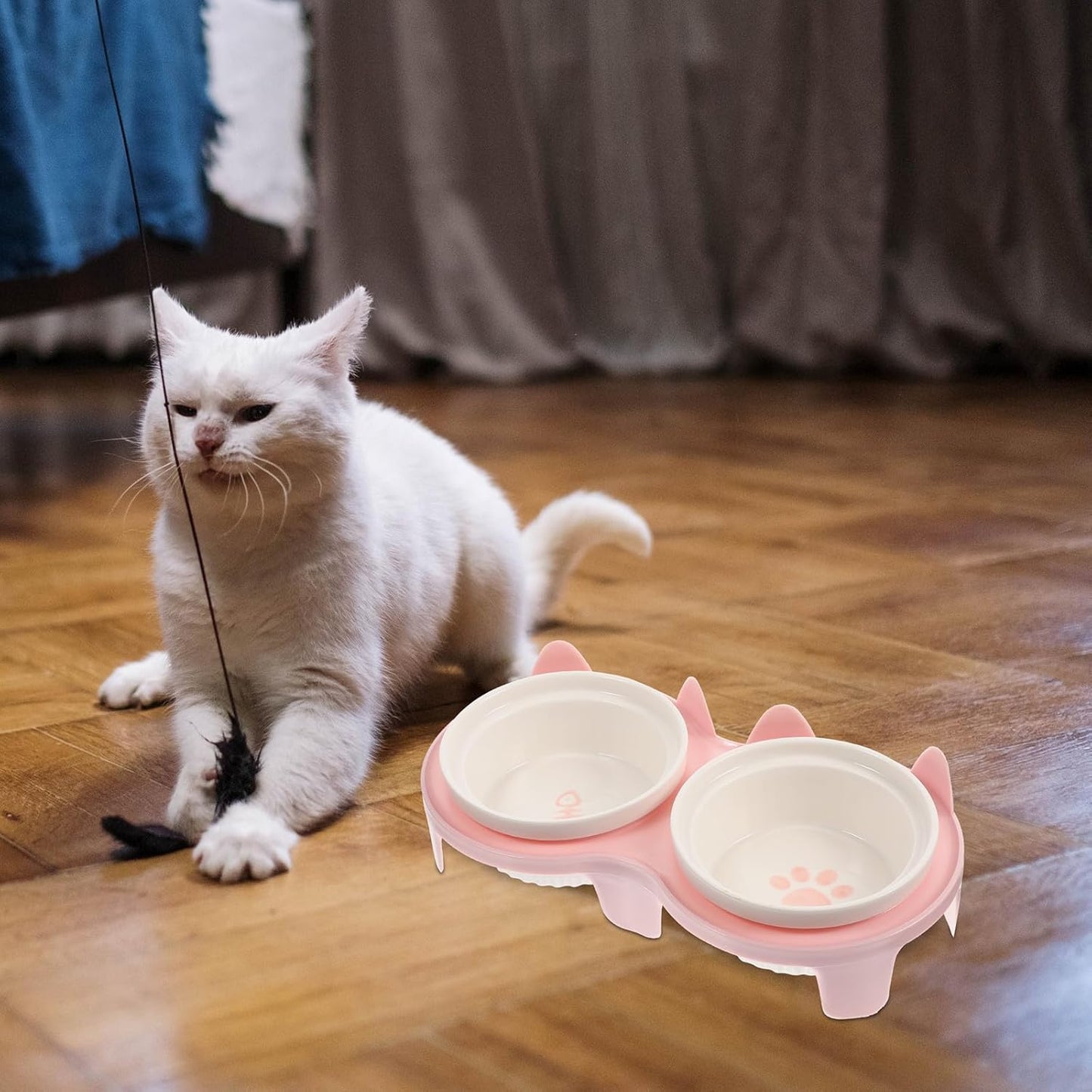 Milisten Ceramic Cat Feeding Bowl Set Raised Double Bowls Pink Thickened Non-Slip Elevated Pet Food and Water Dish for Indoor Cats