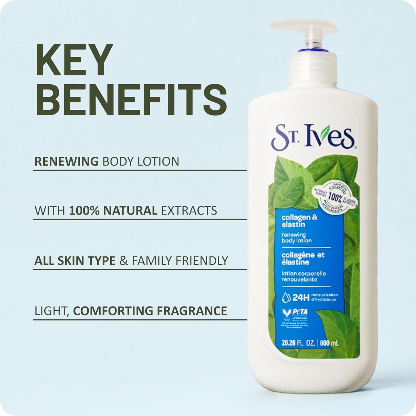 St. Ives Renewing Hand & Body Lotion for Women with Pump, Daily Moisturizer Collagen Elastin for Dry Skin, Made with 100% Natural Moisturizers, 21 fl oz, 4 Pack