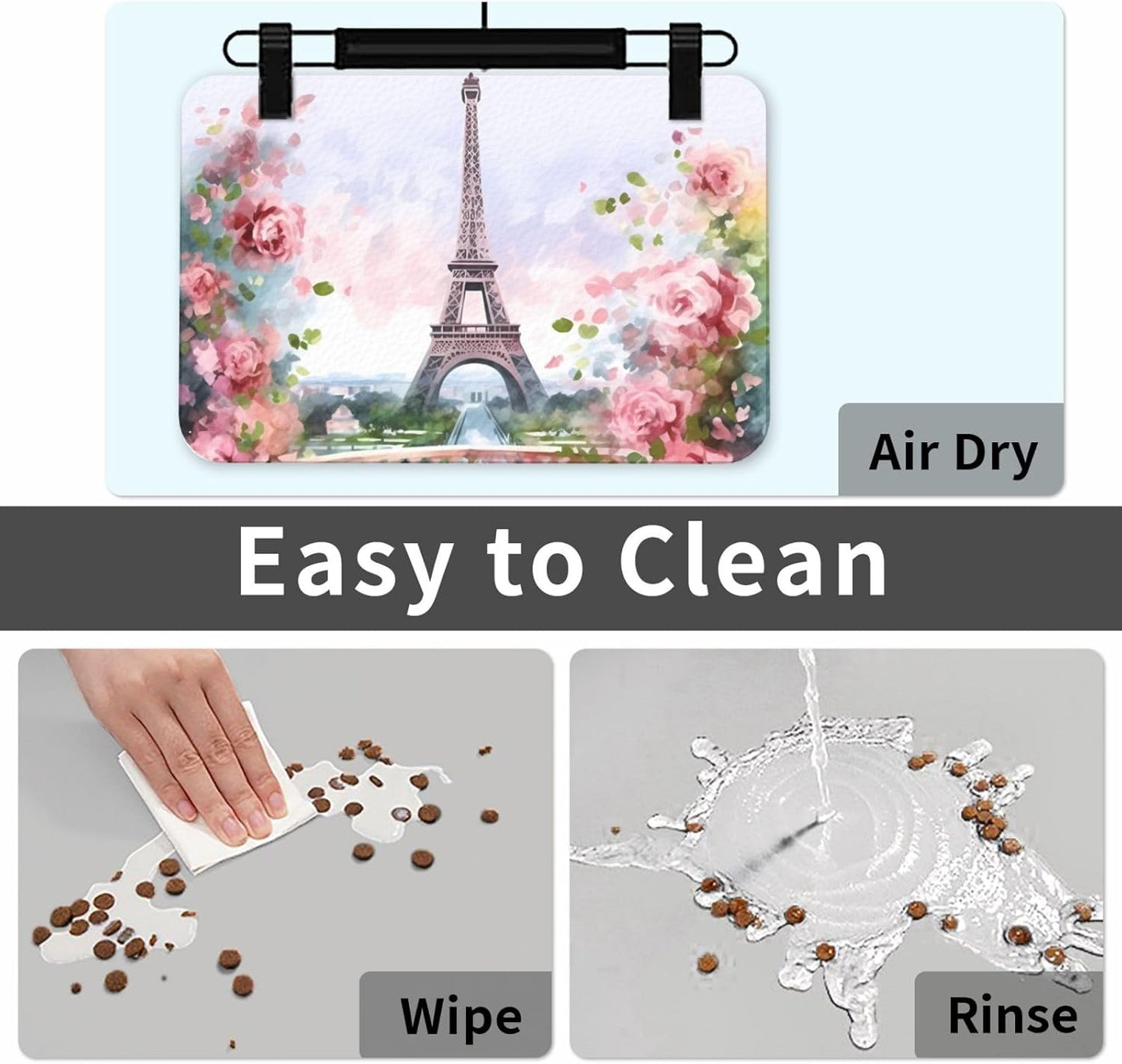Paris Eiffel Tower with Flowers Pet Feeding Mat 40x60cm Absorbent Leather Dog Cat Food Mats Non-Slip Dog Bowl Mats for Food and Water, Quick Dry Pets Placemats for Cats and Dogs Water Bowl