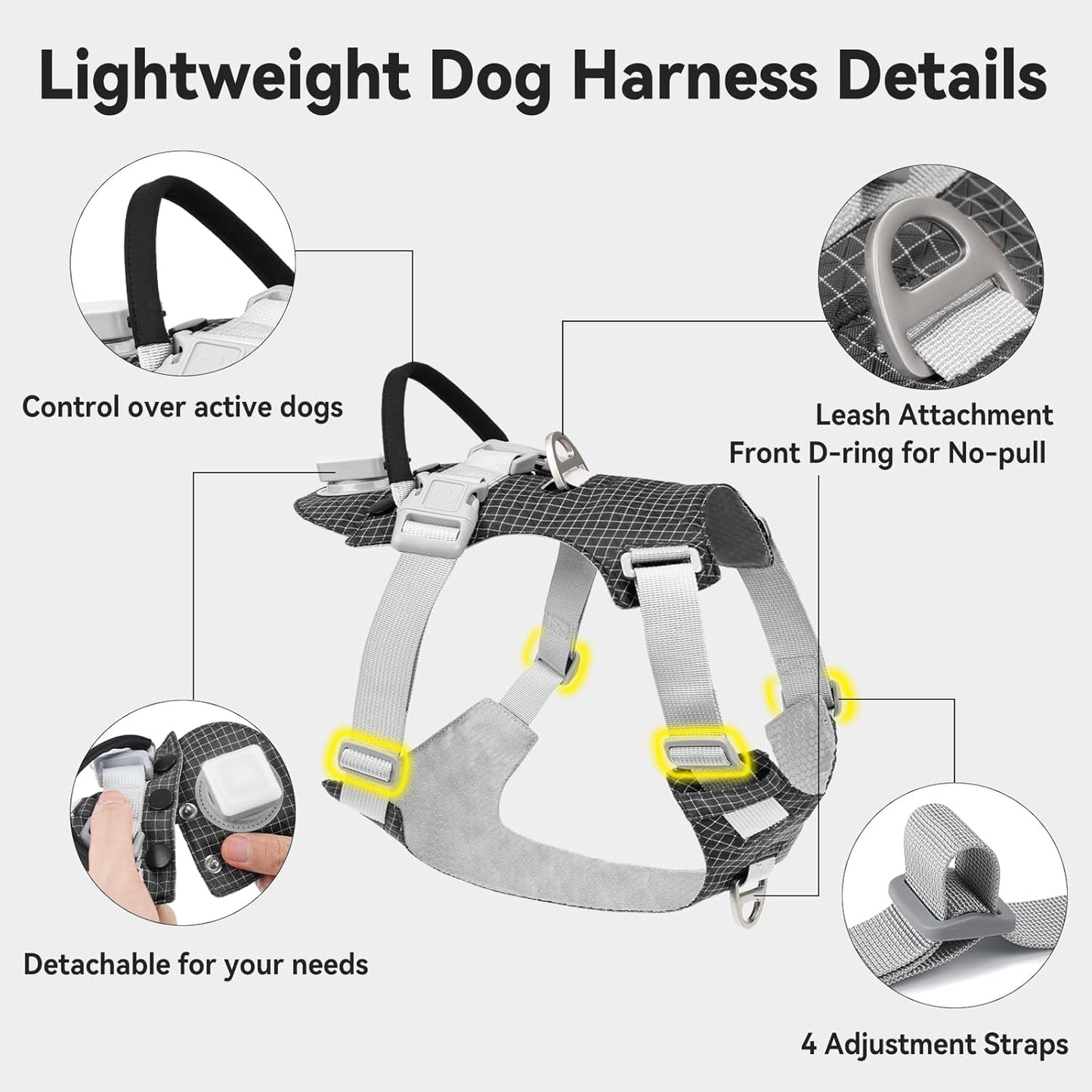 Joytale No Pull Dog Harness with AirTag Holder, Soft Night Safety Light up Dog Harness with Control Handle and 2 Clips, Adjustable Lightweight Dog Vest for Large Sized Pet Everyday Use, Black, L