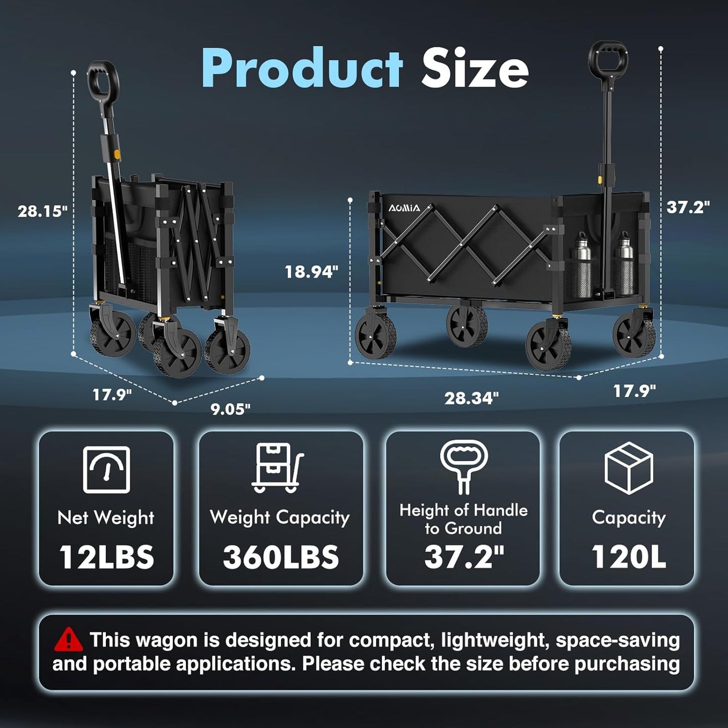 Collapsible Foldable Wagon with Wheels Heavy Duty Folding Wagons Carts 360LBS Weight Capacity Portable All Terrain Utility Wagon Cart for Groceries Sports Garden Shopping Beach
