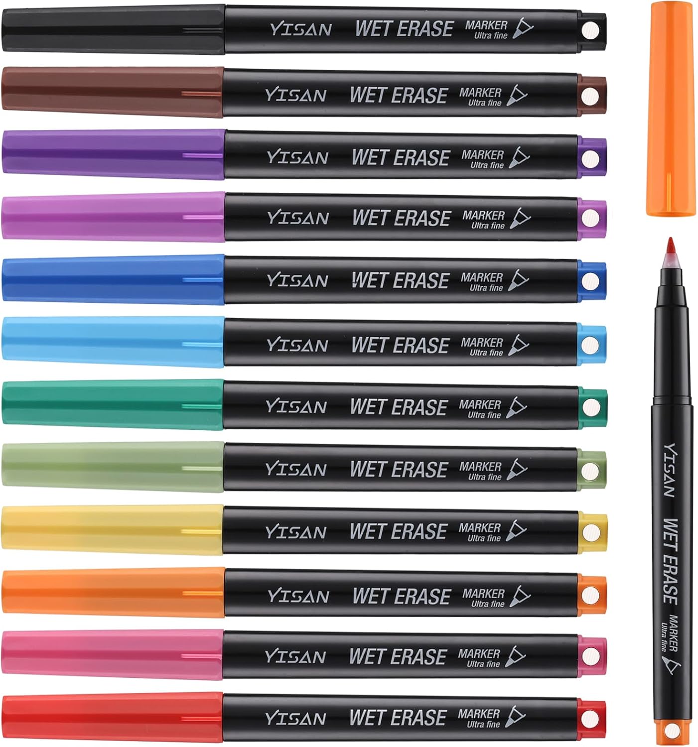 YISAN Ultra Fine Tip Magnetic Wet Erase Markers, 0.7mm Low Odor, 12 Assorted Colors for Whiteboard Use in Office, Home or Planning Board,70580