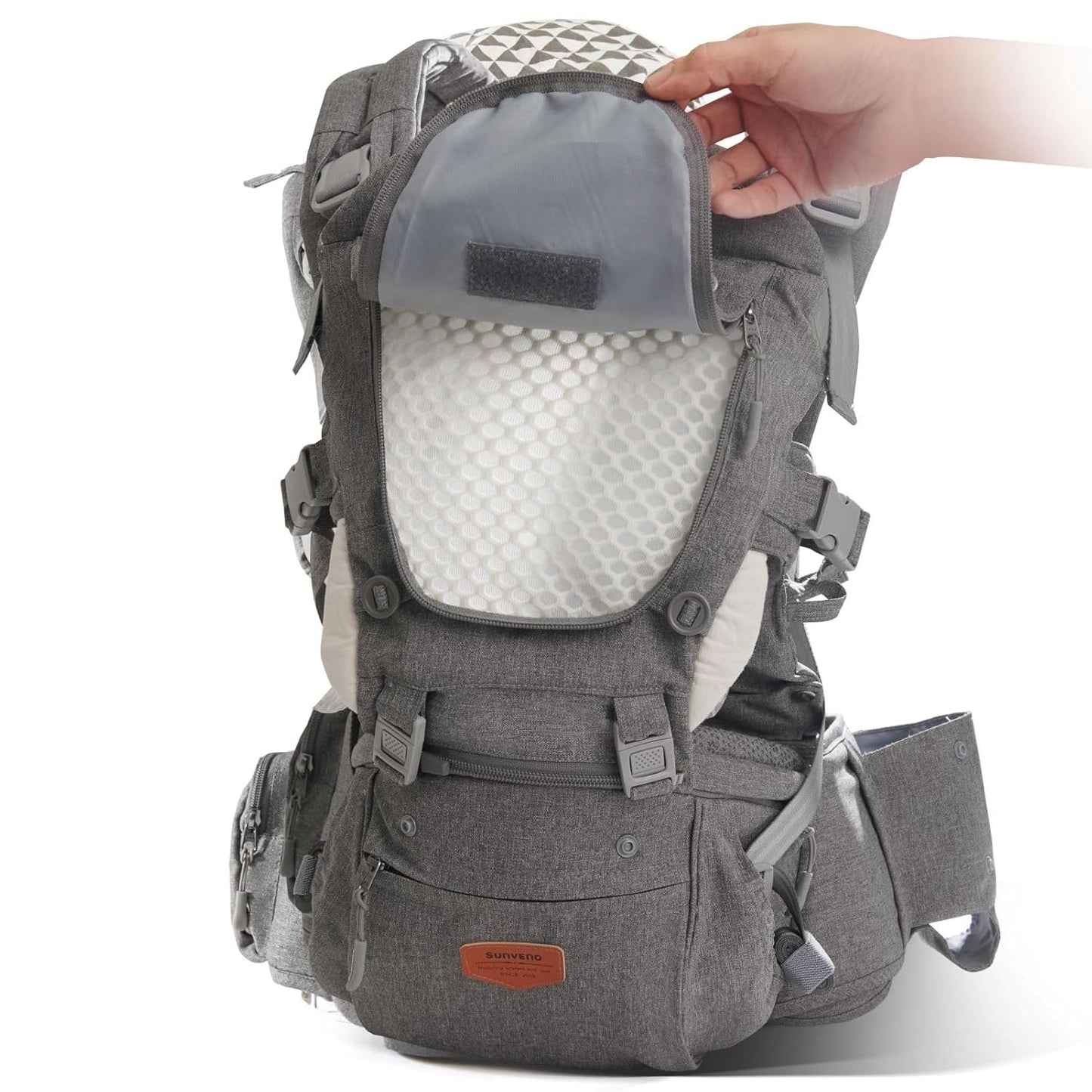 SUNVENO 3 in 1 Ergonomic Baby Carrier with Hip Seat for Newborns and Toddlers, Supports 20 lbs and Up, Waist and Back Relief with Large Weight Capacity for All Season Use, Grey