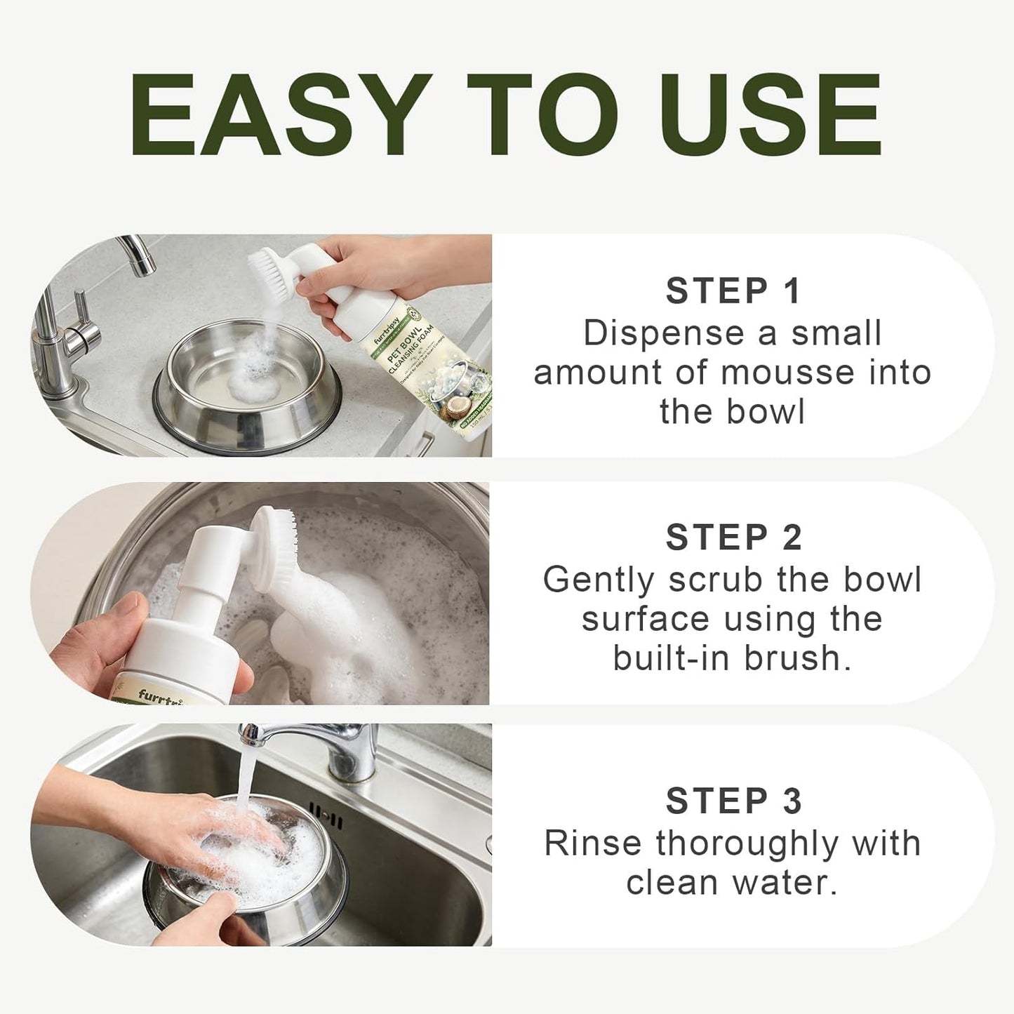 Pet Bowl Cleaner Mousse with Scrub Brush | Vet Enzyme Formula for Dog Cat Dishes, Toys Fountains & Bird Baths Feeders Cleaner | No Residue | 5.1oz Travel Size | Lick Safe, Unscented