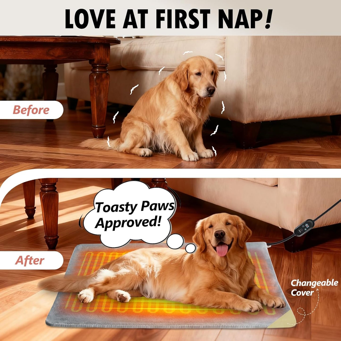 Dog Heated Pad, 6 Adjustable Temperature & 5 Timers, Large Dog Heating Pad, Waterproof Pet Heating Pad for Dogs with Chew-Resistant Cord, Electric Warmer with 2 Removable Covers, 35.4" x 23.6"