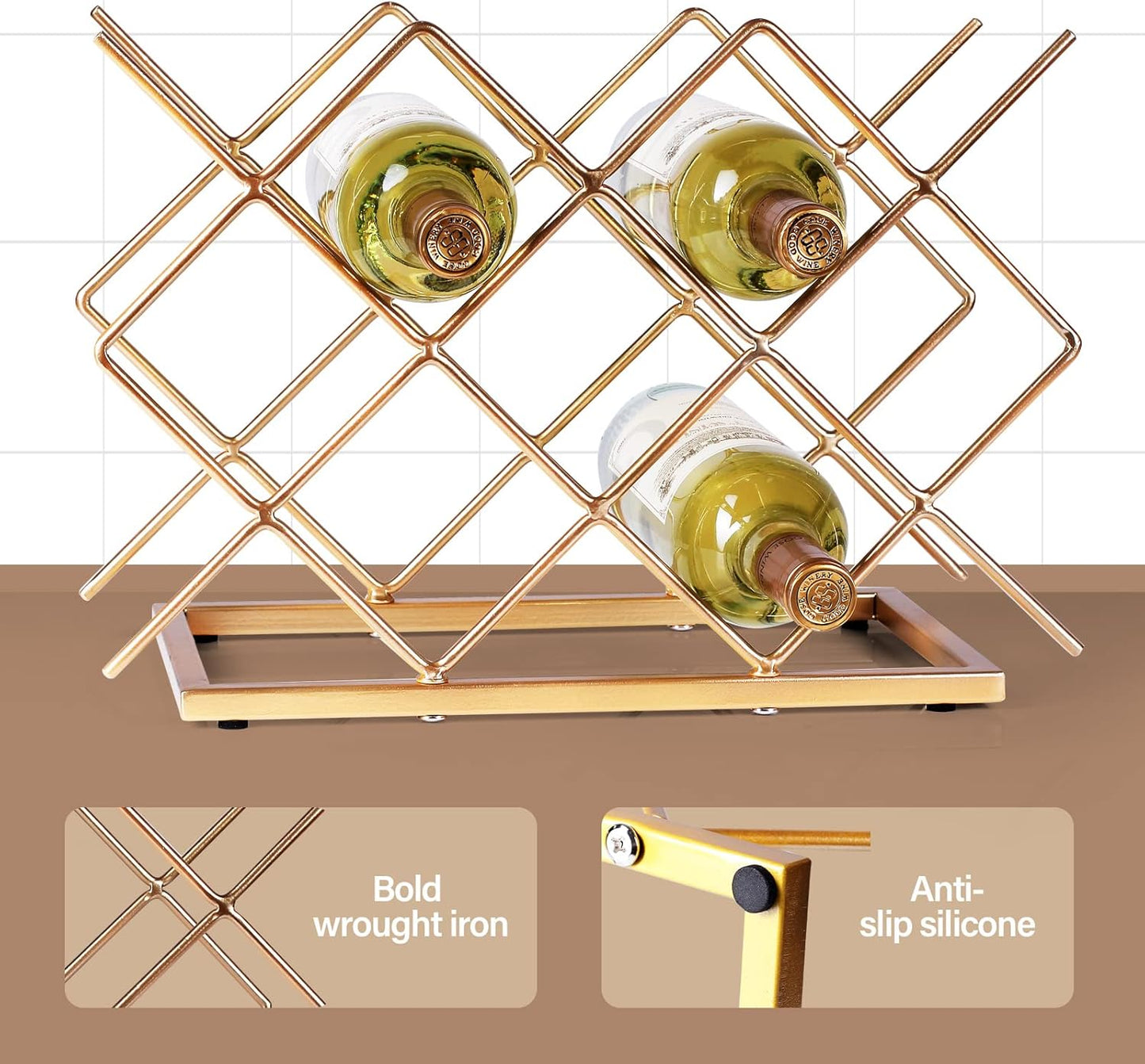 Countertop Wine Rack - 10 Bottle Freestanding Modern Gold Metal Small Wine Rack - Tabletop Wine Holder Stand for Cabinet, Pantry, Wine Bottle Storag…