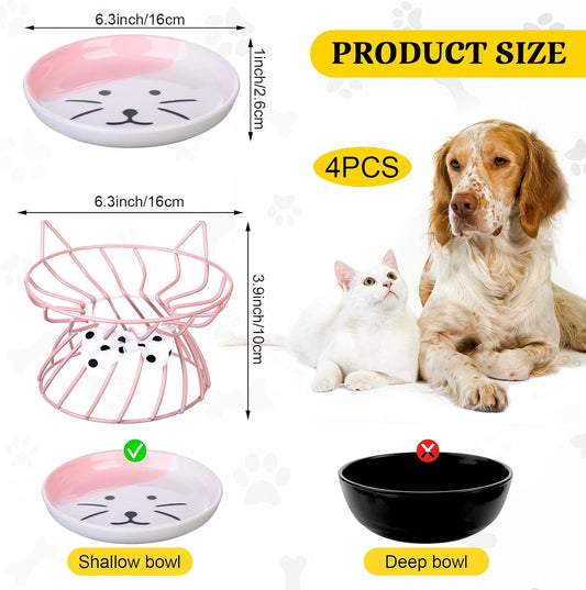 Sunnyray Cat Feeder, 4 Pcs Elevated Ceramic Cat Bowls with Metal Stand, Whisker Friendly, Anti Vomit, Dishwasher Safe, for Dog Pet (Multicolor)