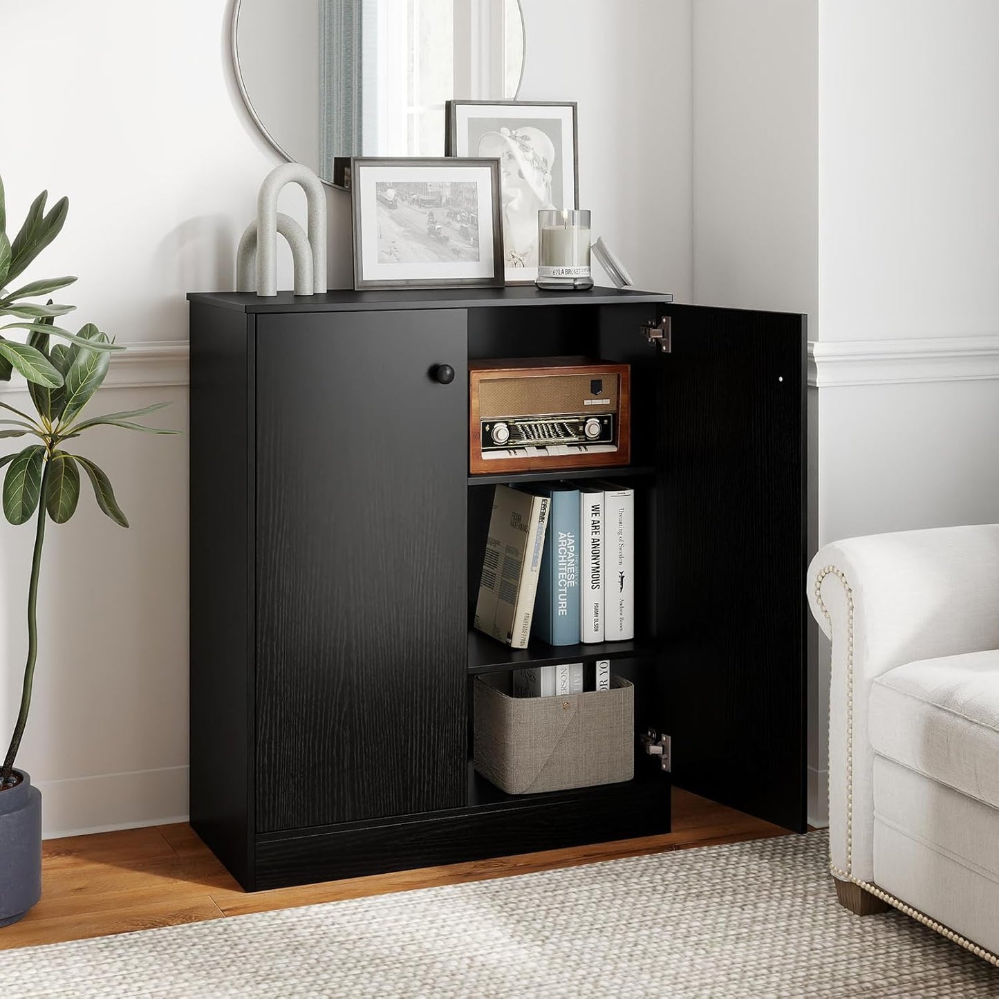 Giantex 2 Door Storage Base Cabinet - Freestanding Floor Cabinet with 3-Tier Shelf, Non-Slip Foot Pads, Kitchen Cupboard Storage Organizer for Living Room, Hallway, Entryway, Office (Black)