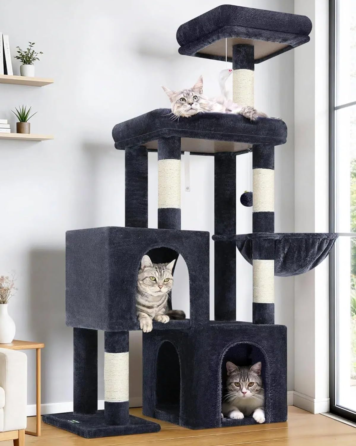 Globlazer Cat Tree Condo Tower for Multiple Indoor Cats, 52in Multi-Level Cat Scratching Tree with 2 Cat Condos, 5 Sisal Scratching Posts, 2 Padded Perches, Big Basket, Widened Base, S52, Dark Grey
