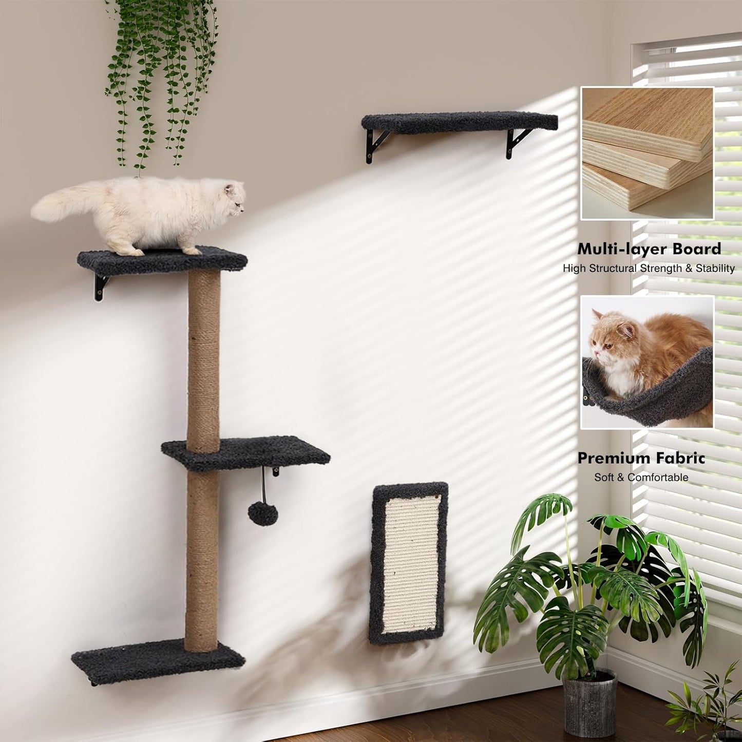 5-in-1 Cat Wall Shelves for Indoor Cats, Wall Mounted Cat Furniture with Bed, Cave, Scratching Post & Perch, Multi-Level Cat Climbing Wall, Space Saving Floating Cat Shelves (Natural Wood Darkgrey)