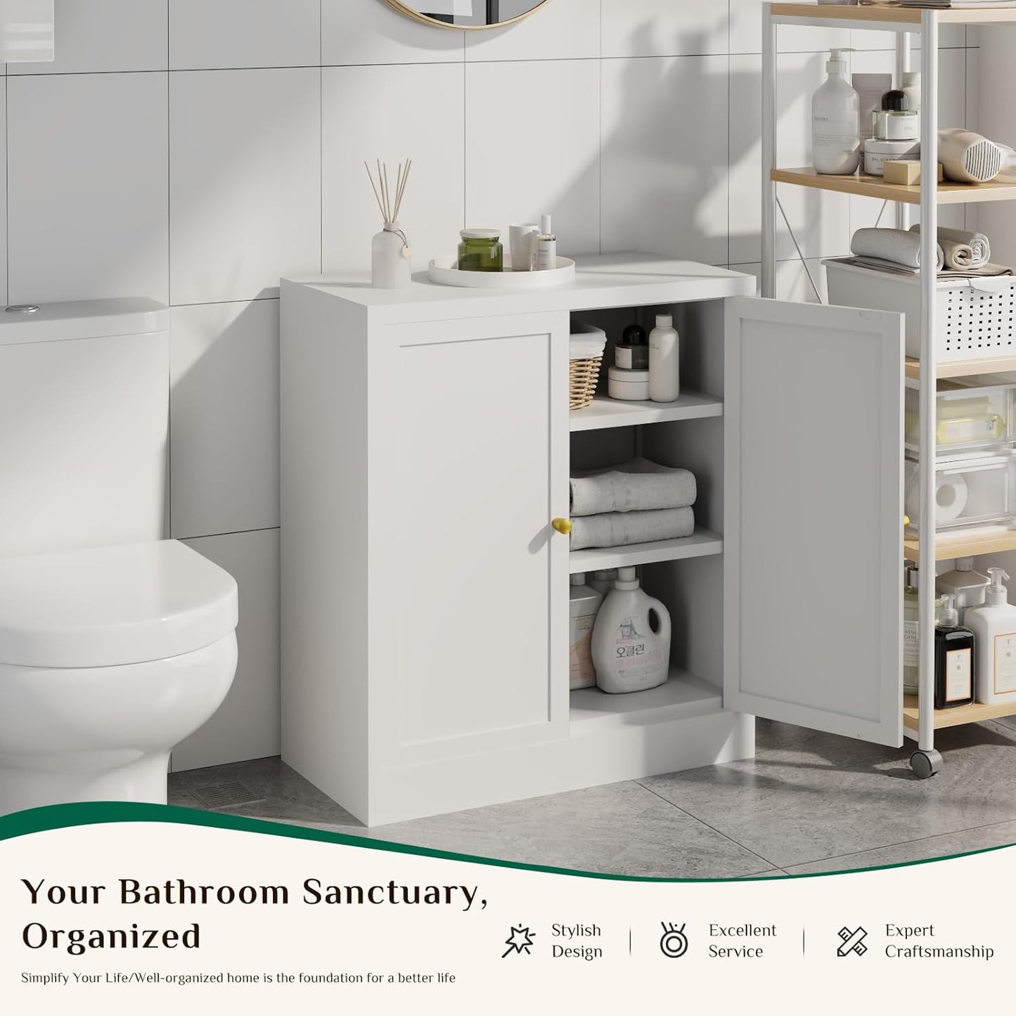Storage Cabinet, Metal Bathroom Floor Organizers and Storage Cabinets, Freestanding Small Cabinet for Restroom, 3 Shlves Home、Bathroom、Living Room Cabinets - White