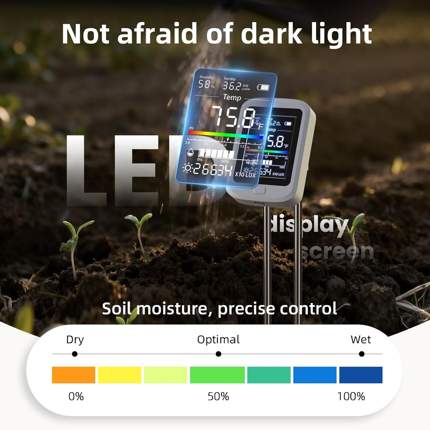 2026 Soil Moisture Meter, 6-in-1 Digital Soil Tester for pH,Nutrient,Sunlight,Temperature & Humidity| Factory-Permanent Calibration| Ideal for Gardening,Lawn,Farm Plant Care
