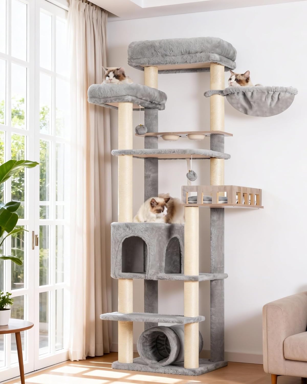 Cat Tree with Tunnel, Cat Tower for Indoor Cats, Tall Cat Tree Tower with Cat Condo, Food Station, Large Platform, Scratching Posts, Hammock, Light Gray GCT021W