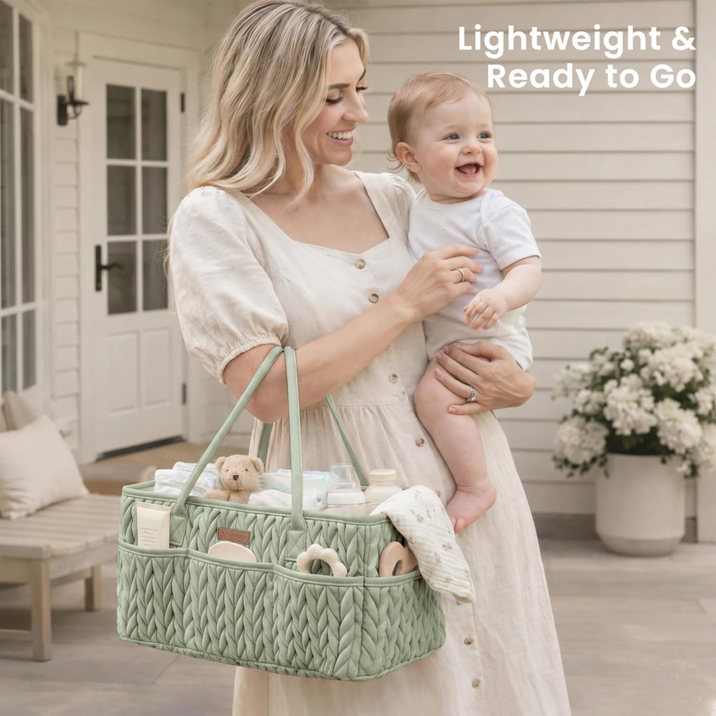 Konssy Braided Quilted Diaper Caddy Organizer, Boho Nursery Storage Basket with PU Leather Handles, Water-Repellent Portable Diaper Basket for Changing Table, Newborn Essentials (Fog Green)