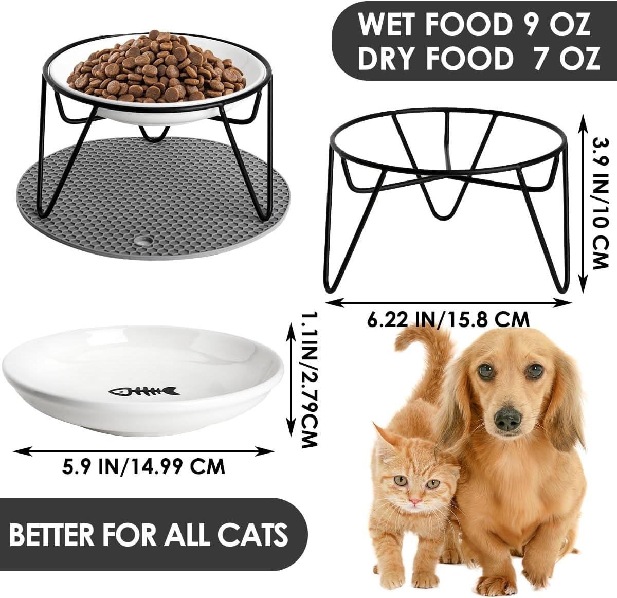 2 Pcs Elevated cat Bowls,Raised Ceramic Cat Dish with Metal Stand,Whisker Friendly,Non-Slip Mat,Pet Feeding Food Bowls Stand,Kitten Plate(2 Fish)