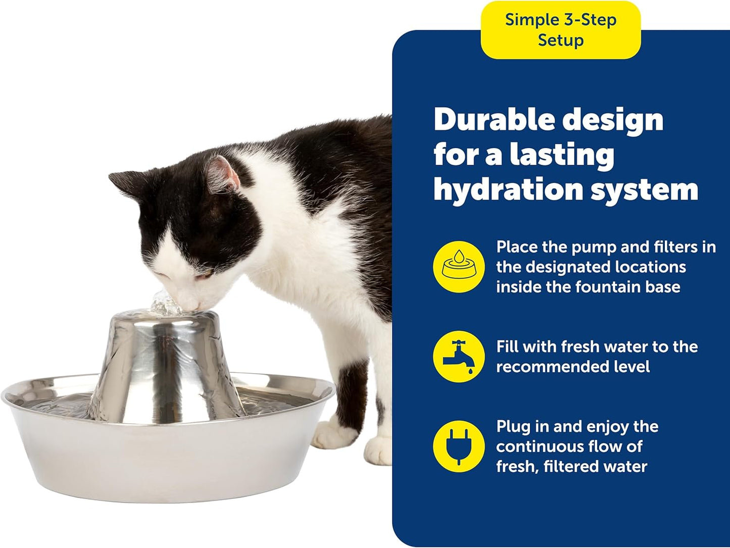 PetSafe Seaside Stainless Steel Cat & Dog Fountain, 60 Oz Water Capacity - 2 Water Filters & 1 Pump Included, Soothing Flow for Pets, Scratch-and Rust-Resistant Material - Quiet Motor