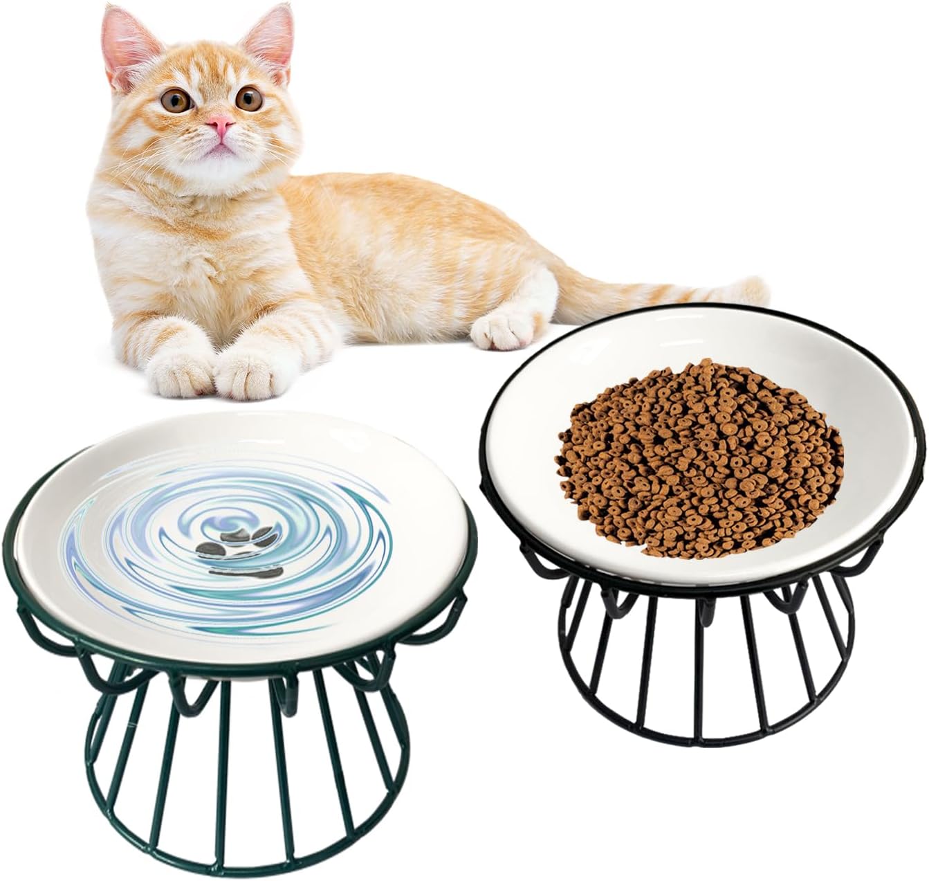 Ceramic Cat Bowls with Metal Stand,2 Pack Elevated Cat Bowl Raised Kitten Food&Water Feeding Shallow Dish for Indoor Cats,Puppies,Small Dogs