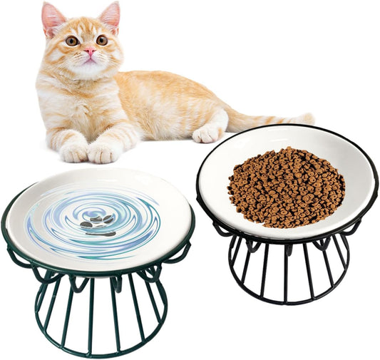 Ceramic Cat Bowls with Metal Stand,2 Pack Elevated Cat Bowl Raised Kitten Food&Water Feeding Shallow Dish for Indoor Cats,Puppies,Small Dogs