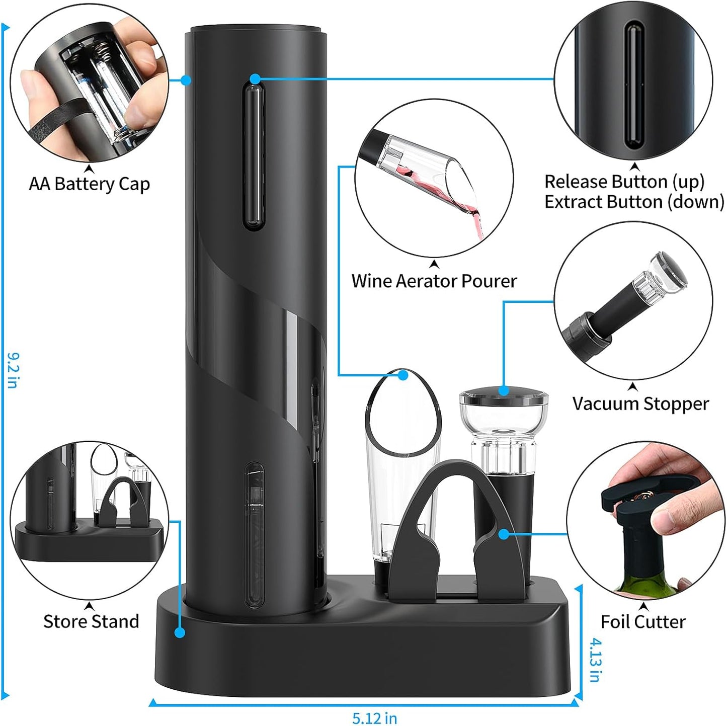 Electric Wine Opener Set, A 4-in-1 Multifunctional Wine Accessory Kit, including an Automatic Corkscrew Opener, Rechargeable Wine Bottle Openers, Foil Cutter, Wine Aerator Pourer, and Vacuum Stoppers