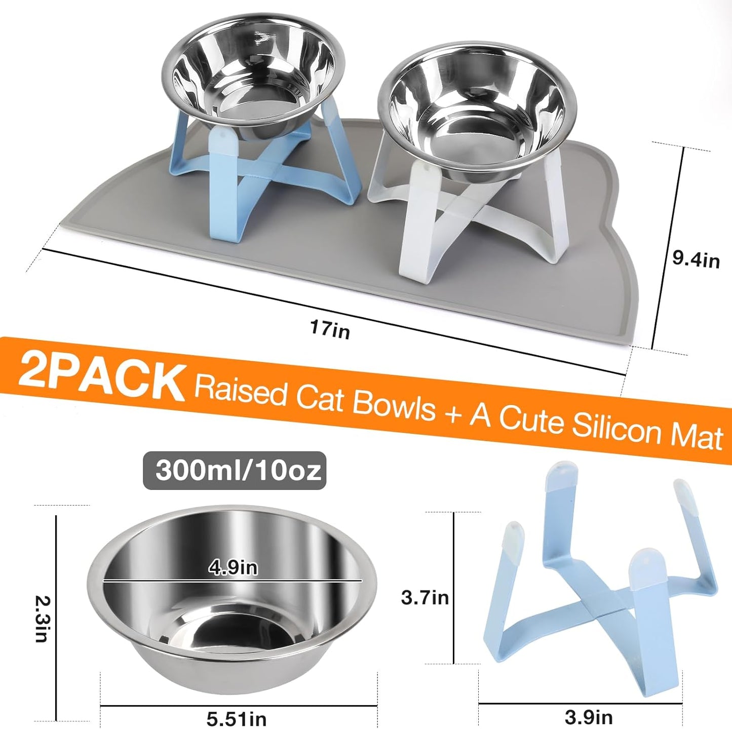 Elevated Cat Bowls, 5.5” Wide Stainless Steel Cat Bowls with Food Mat & Metal Stand, Raised Pet Water Food Feeder with Non-Slip Raised Stand for Cats, Kittens, Puppy, Small Dogs
