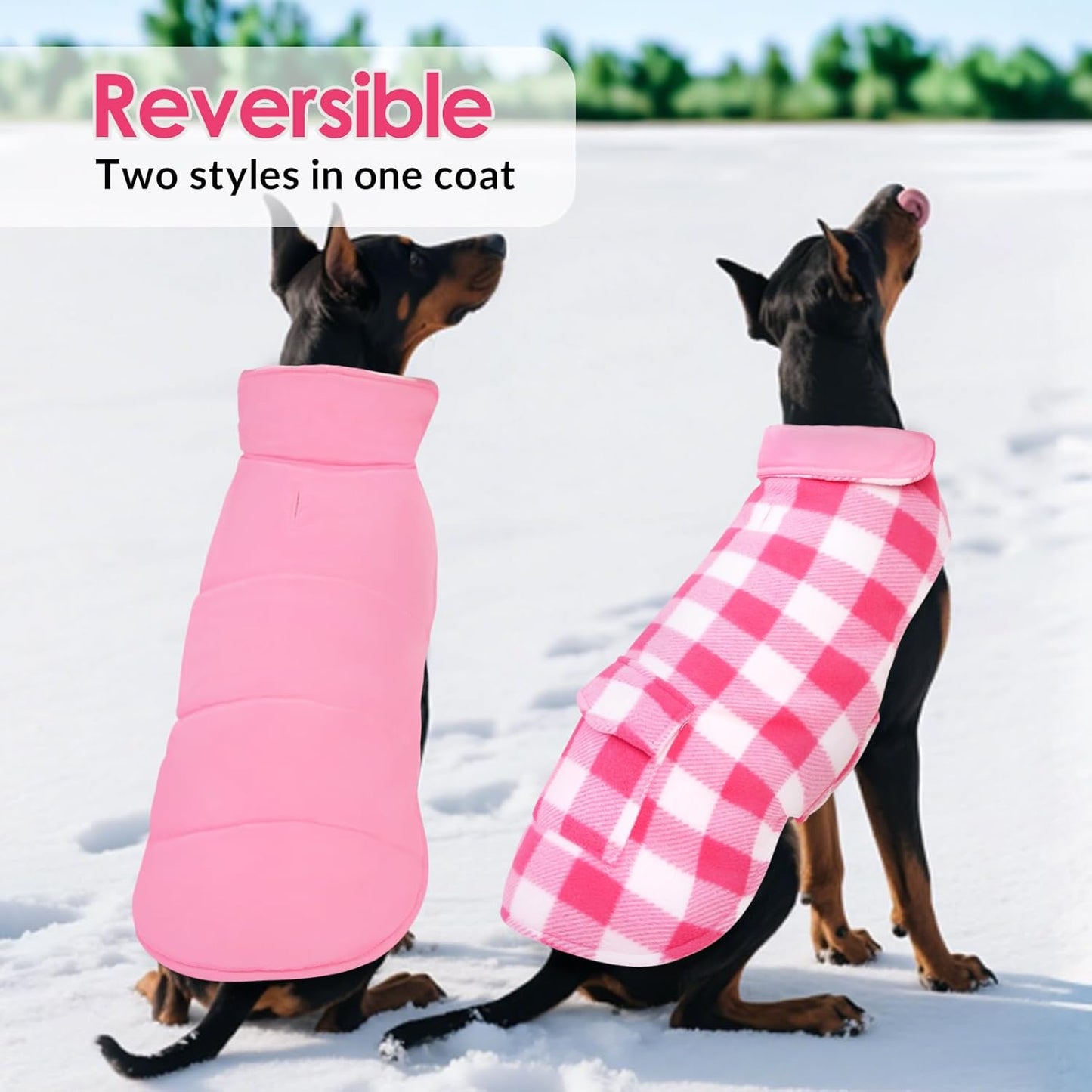 ASENKU Dog Winter Coat, Fleece Doggie Jacket Plaid Reversible Vest Waterproof Windproof Cold Weather Clothes for Small Medium Large Dogs (Pink, XL)