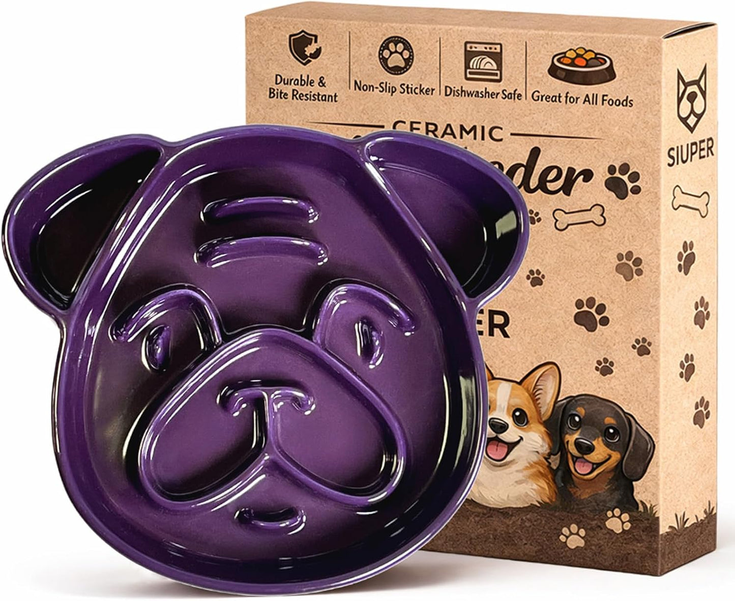 Art Ceramic Slow Feeder Pug Shape, 1.5 Cups Dog Bowl for Small & Medium Breed. Bite-Resistant, Dishwasher Safe, Maze Design to Prevent Fast Eating, Bloat, Choking. Gift for Pet Lovers, Purple