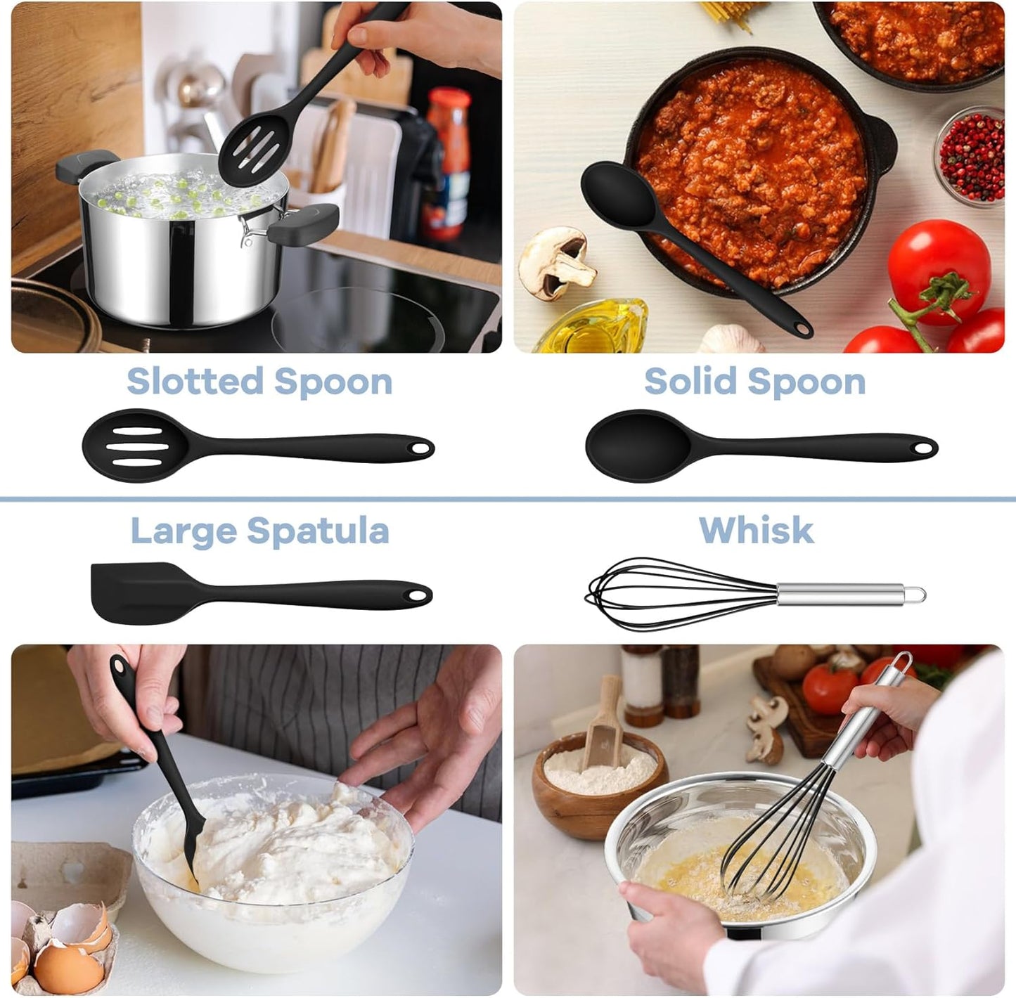 TeamFar 8 PCS Silicone Cooking Utensils - 446°F Heat Resistant Kitchen Silicon Utensils Set, Turner, Spatula, Spoon, Whisk, Kitchen Cooking Gadgets Tools for Nonstick Cookware, Dishwasher Safe-Black