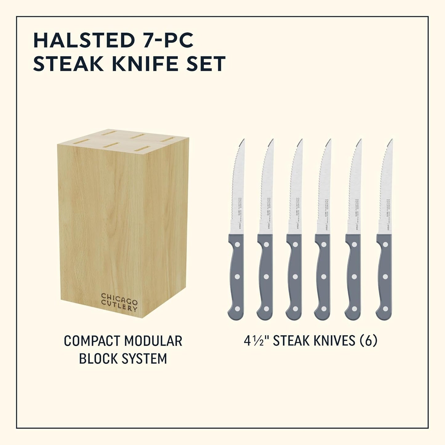 Chicago Cutlery Halsted (7-PC) Steak Knives & Wooden Block Set, Ergonomic Handles and Sharp Stainless Steel Professional Chef Cutlery Set