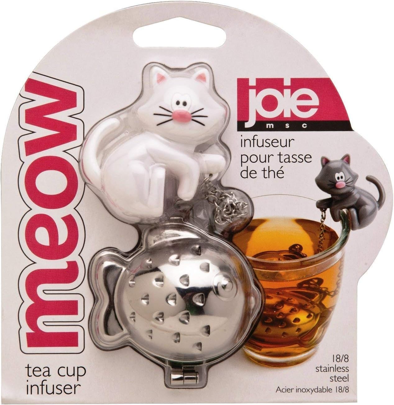 Joie Meow Tea Ball Infuser, Steep and Strain Loose Leaf Tea, Securely Sits on Side of Mug, Cute Cat Design, Stainless Steel, BPA-Free, Colors May Vary