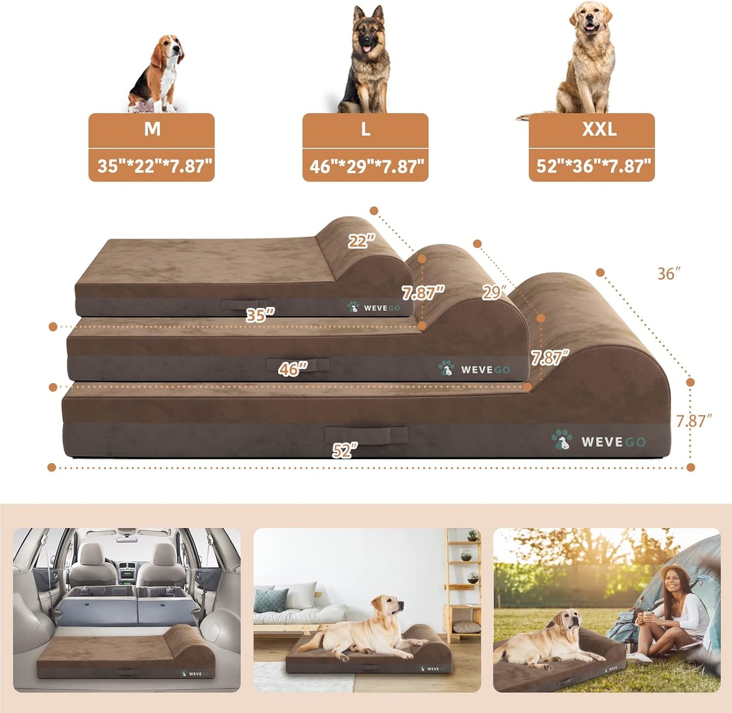 Jumbo Orthopedic Dog Bed - Large, Thicken Gel Memory Foam, Waterproof Liner & Washable Cover, Brown