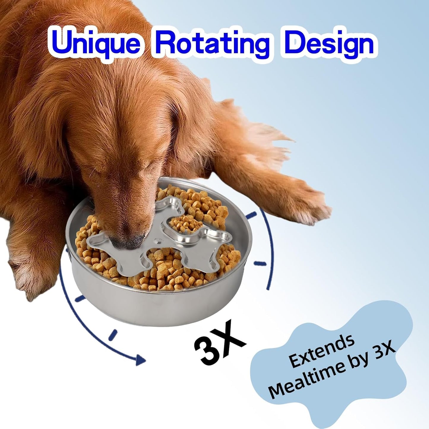 Slow Feeder Dog Bowl Stainless Steel - Double-Sided Rotating Puzzle Design, 2 Cup Capacity for Medium & Large Dogs, Anti-Choking, Non-Slip Base, Dishwasher Safe