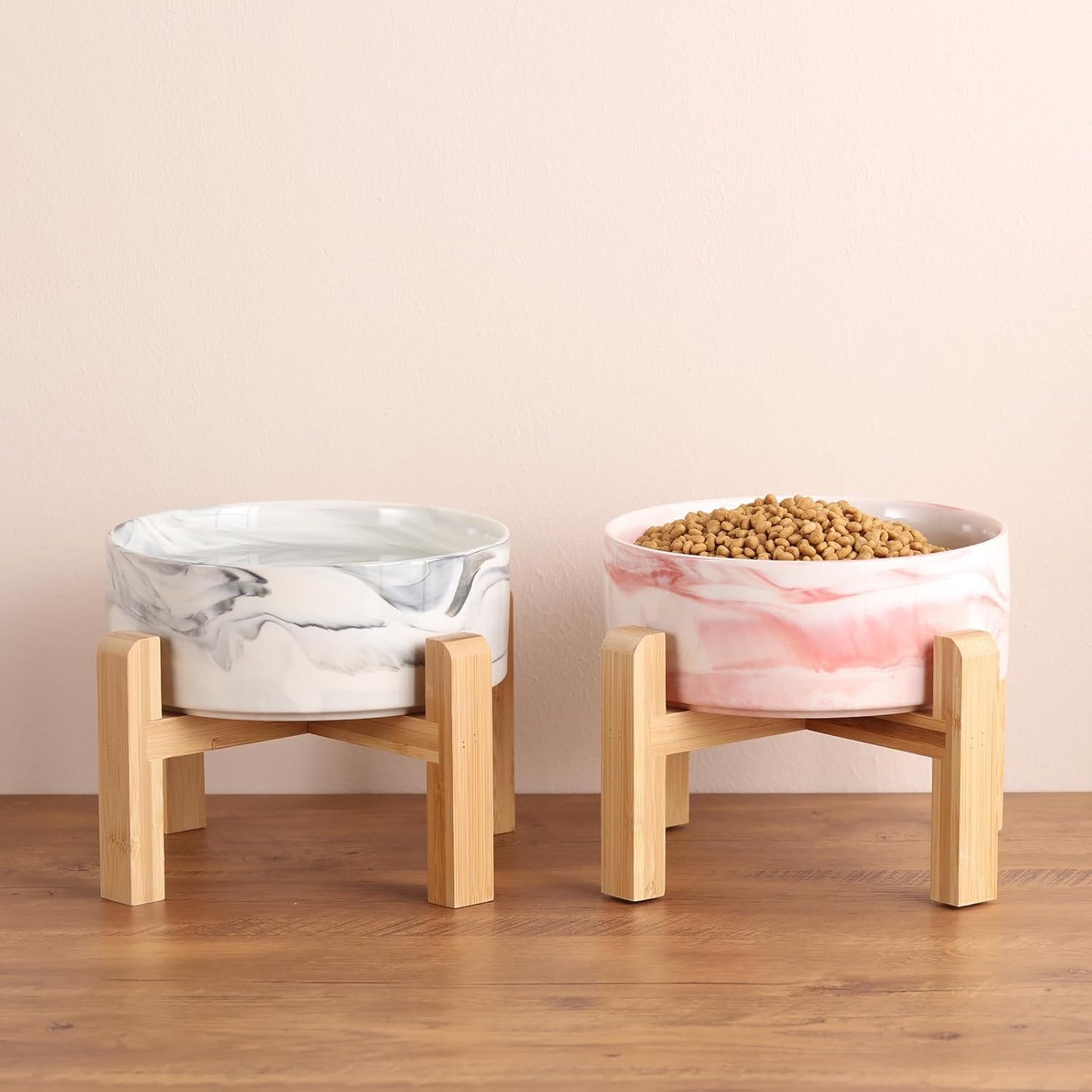 Elevated Dog Bowl Ceramic for Small Medium Sized Breed,Raised Dog Food Water Bowl with Stand,6 in 3.6 Cups Non Slip Pet Dish Heavy Weighted Marble Pink