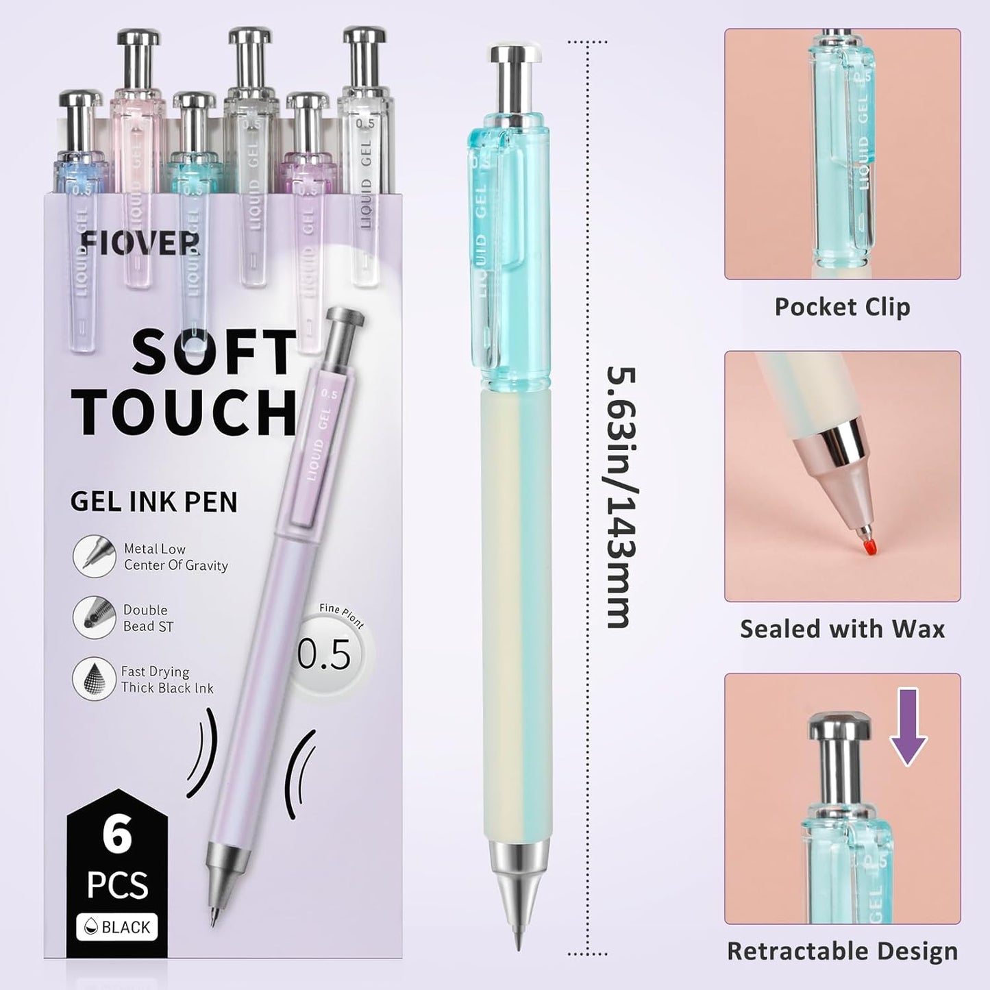 FIOVER Gel Pens, 6 Pcs 0.5mm Quick Dry Black Ink Pens, Fine Point Smooth Writing Pens, Retractable with Silicone Grip, High-End Cute Aesthetic Office School Supplies, Gifts for Women Men (6pcs black)