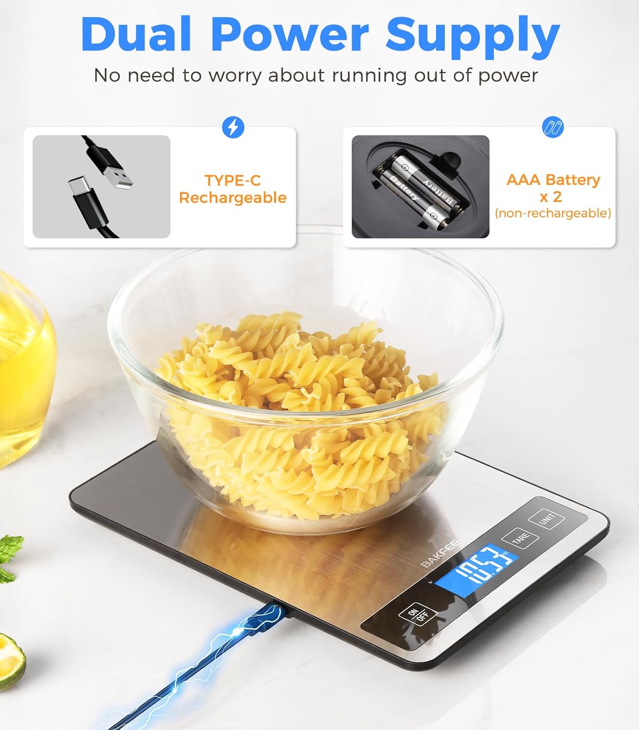 Food Scale - 15kg/33lb Rechargeable Digital Kitchen Scale with Full-View LCD Display, Grams and Ounces, Type-C or Batteries, Easy Clean Stainless Steel, for Baking, Cooking & Meal Prep, Black