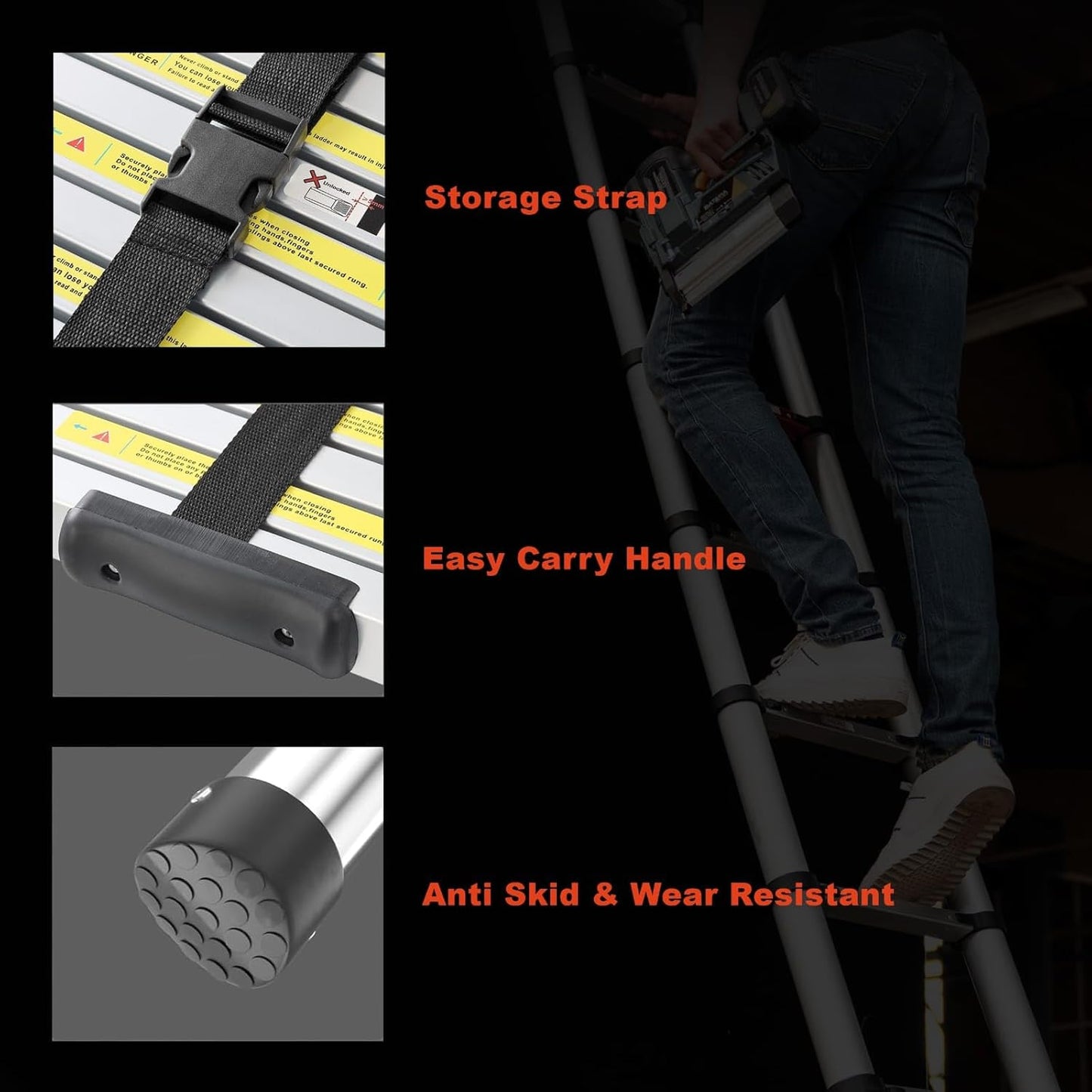 Telescoping Ladder, 12.5 FT Aluminum Lightweight Extension Ladder with 2 Stable Hooks, 2 Triangle Stabilizers & Non-Slip Feet, Heavy Duty 330 Lbs Max Capacity, Ideal for Home, RV & Outdoor Work