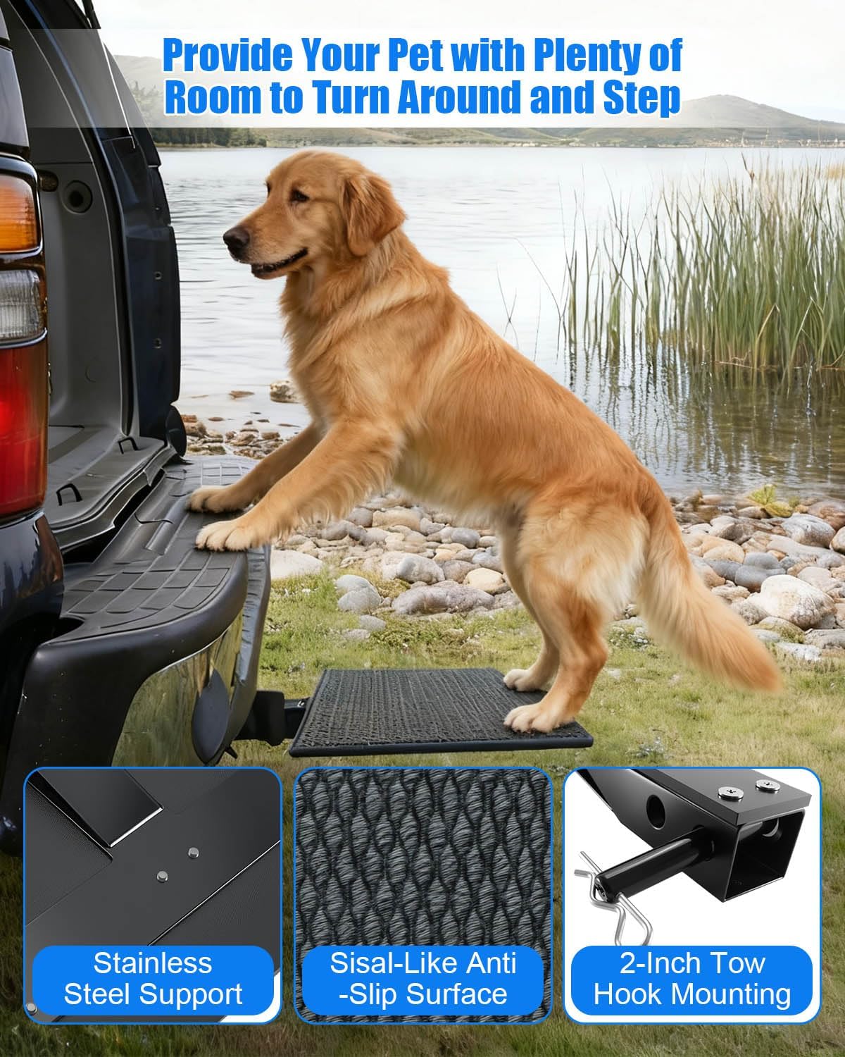Pet Ramp Steps for Dogs Get in & Out of Car, Dog Ramp for 2-Inch Trailer Hitch, Stainless Steel with Anti-Slip Pad for Medium Large & Senior Pets, Supports 200lbs for SUVs Trucks & Vans