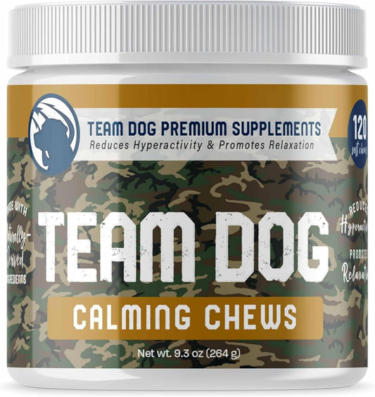 TEAM DOG Calming Chews - Anxiety Relief Treats | Natural Calming Bites with Melatonin, Chamomile, Valerian & Passion Flower | 120 Soft Chews for Large & Small Dogs | Delicious Peanut Butter Flavor