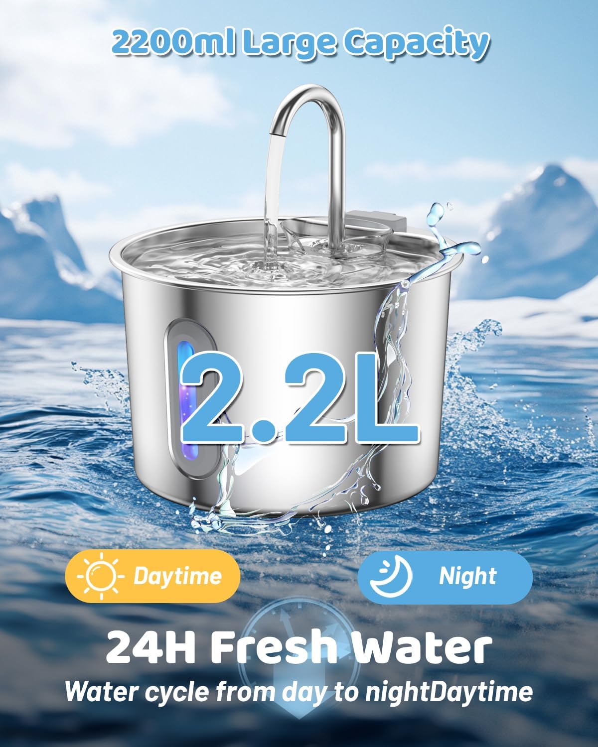 Cat Water Fountain 304 Stainless Steel 2.2L/74oz with 3 Filters & 3 Sponges, Easy to Clean, Automatic Pet Fountain Quiet Cats Water Dispenser, Gifts for Cats, Dogs