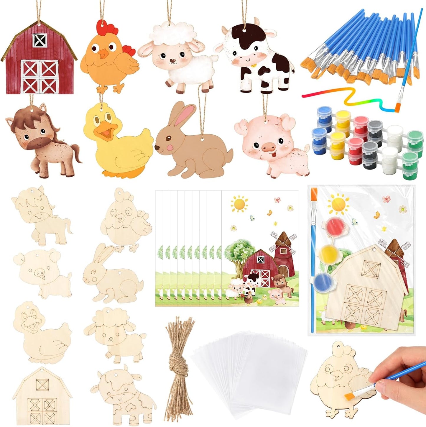 24 Pcs Farm Party Favors Farm Animal Wooden Painting Craft Kits Farmer Animal Birthday Party Supplies with Organza Bag for Birthday Favors Goodie Bags Fillers