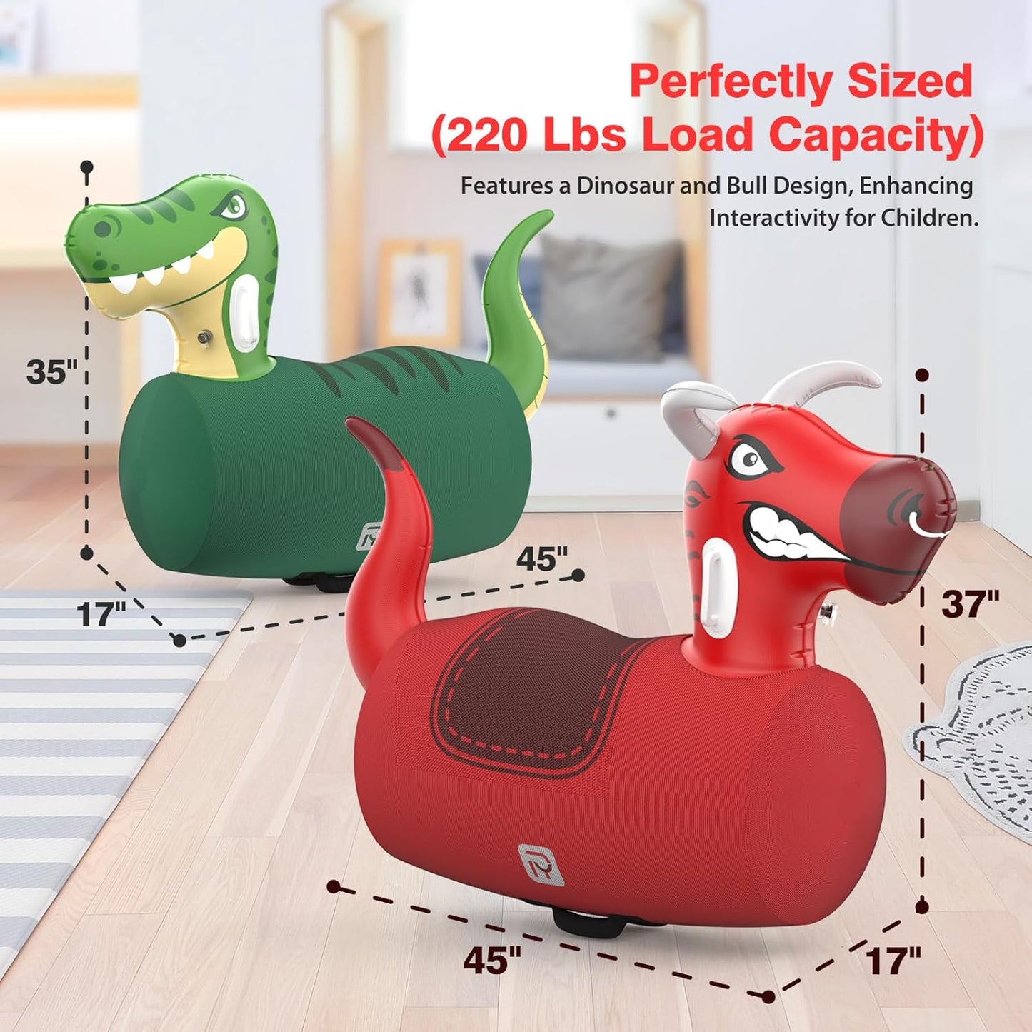 POVYRE Kids Boys Outdoor Toys, 2 PCS Giant Inflatable Dinosaur Bull Toys Bouncy Hopper with Pump, Ride-on Jumping Animal for Indoor Outdoor Play, 220 lbs Capacity, Gift for Ages 5+