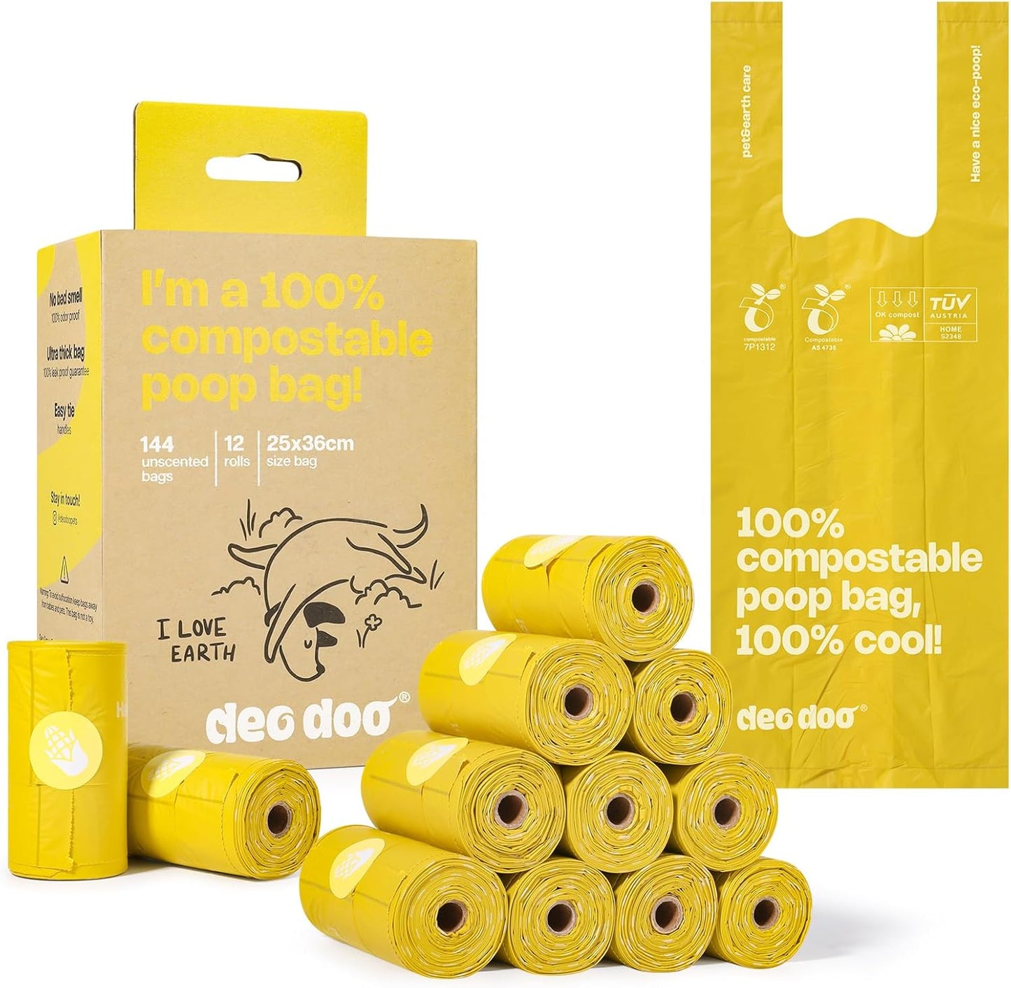 Compostable Dog Poop Bags with Handles 144 Count - Biodegradable Poop Bags for Dogs, Leak Proof, Extra Thick, ASTM D6400 Certified, Unscented