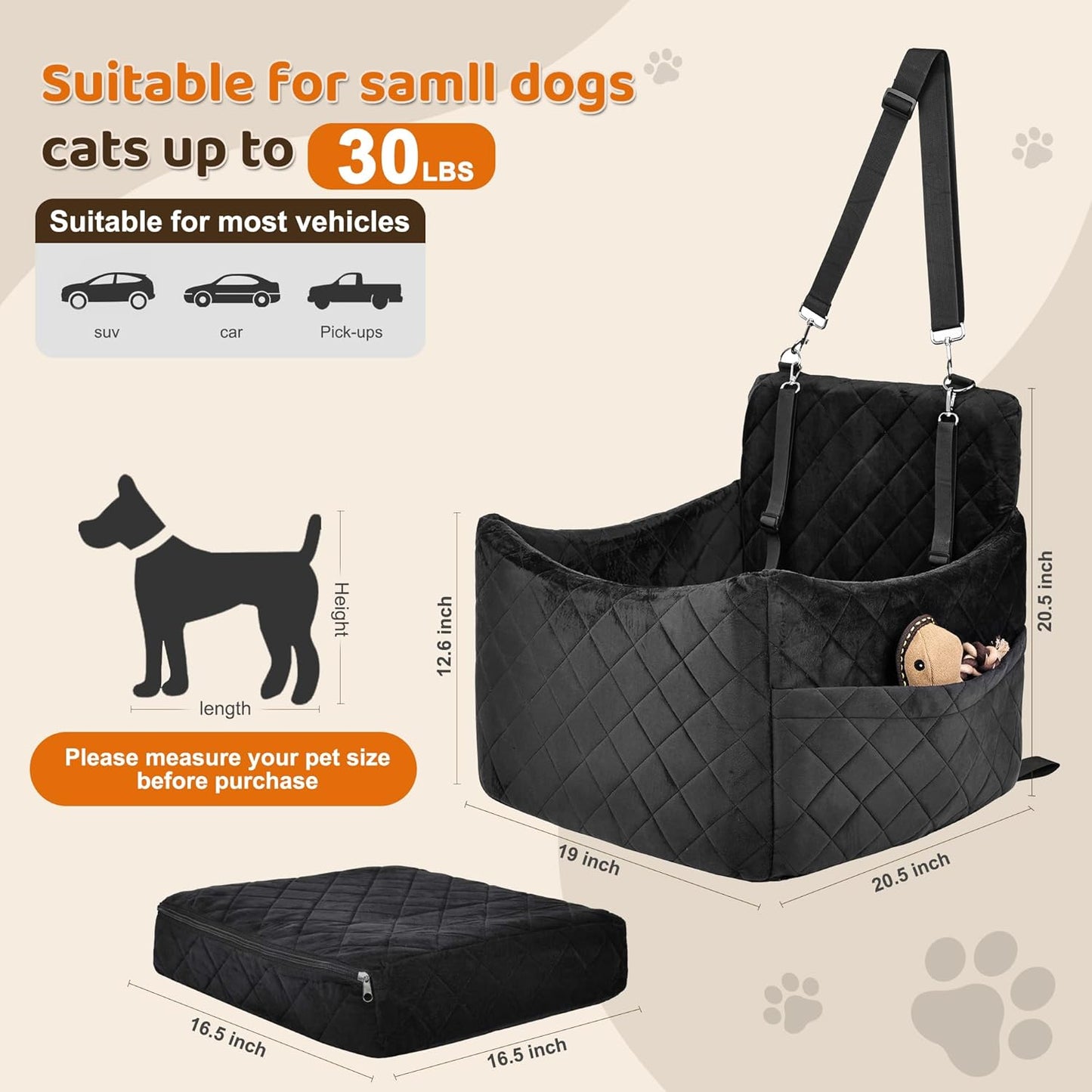 Dog Car Seat for S/M Dogs, Memory Foam Dog Booster Car Seat Up to 35lbs, Detachable Washable Pet Travel Bed with Side Pockets and 2 Safety Belts, Easy to Install (Black)