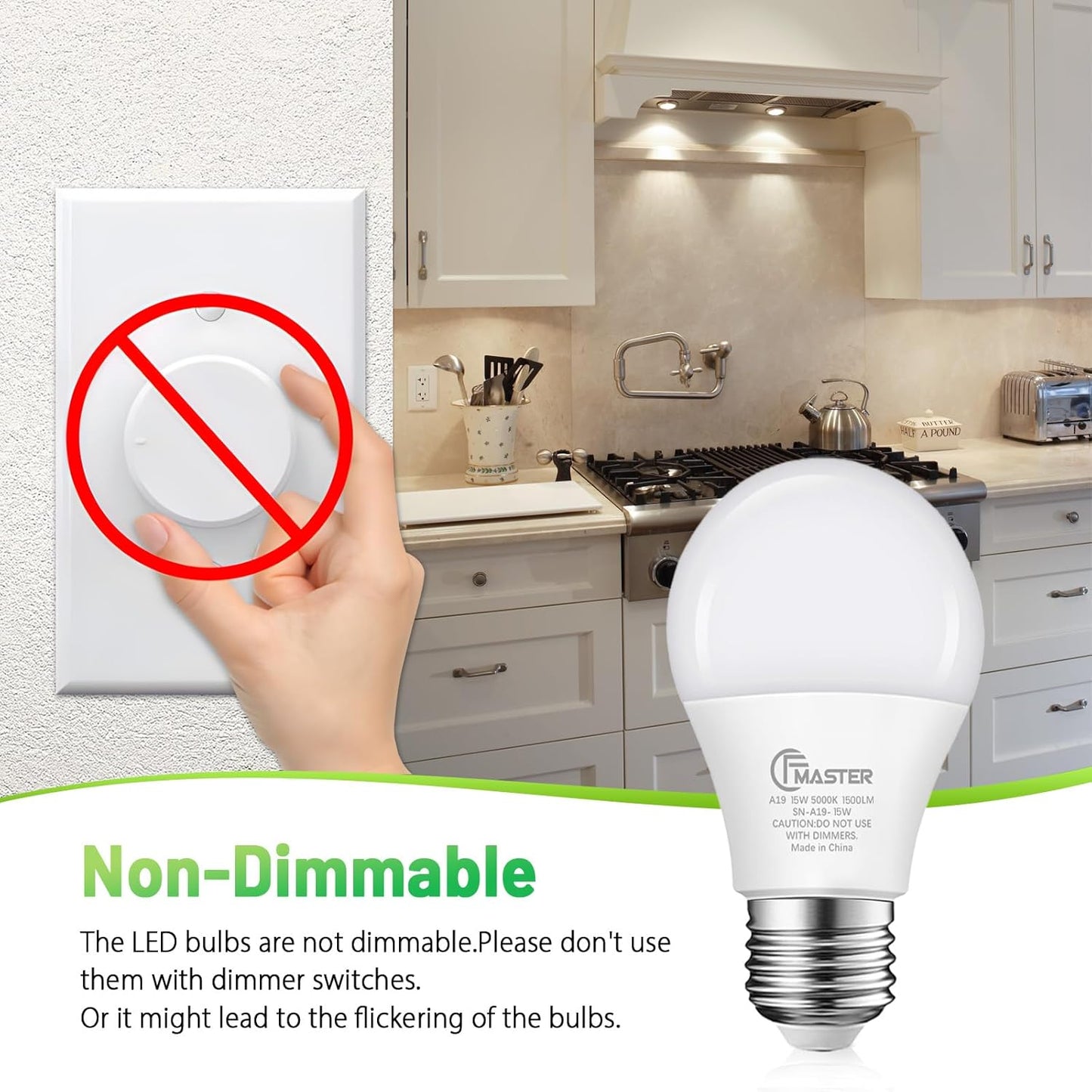 A19 LED Light Bulb, 100W Equivalent Light Bulbs, 15W 5000K Daylight, 1500 Lumens, Non-Dimmable LED Bulb, E26 Standard Base for Indoor and Outdoor, ETL Listed, 6-Pack