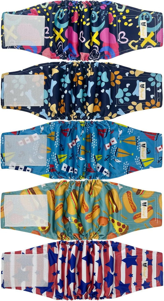 Male Dog Diapers Reusable High Absorbing Male Dog Wraps Washable Dog Diapers Male Small with Cute Patterns 5packs (S, 9” - 11” Waist)