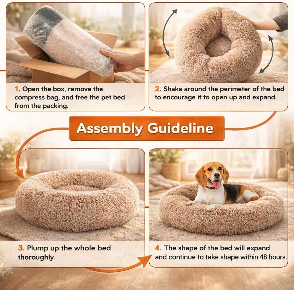 Dog & Cat Bed for Indoor Cats, 24in Calming Donut Pillow mat for Puppy and Kitten, Washable Cooling Round Fluffy Pet Nest for Small Medium Dogs and Cats, Brown