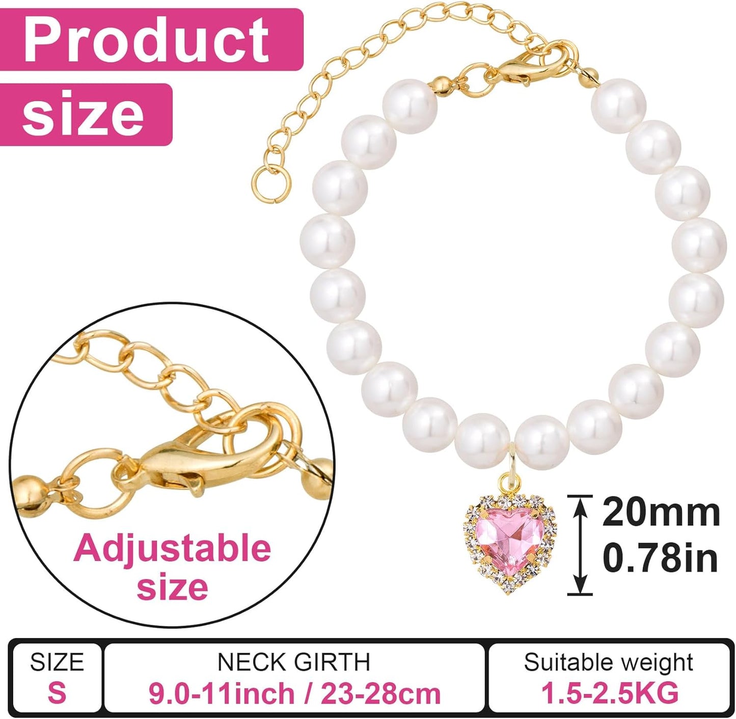2pcs Cat Dog Pearl Collar, Small Heart Shape Rhinestone Pet Necklace, Adjustable Wedding Party Pet Jewelry Accessories for Puppy Small Cats- White & Pink