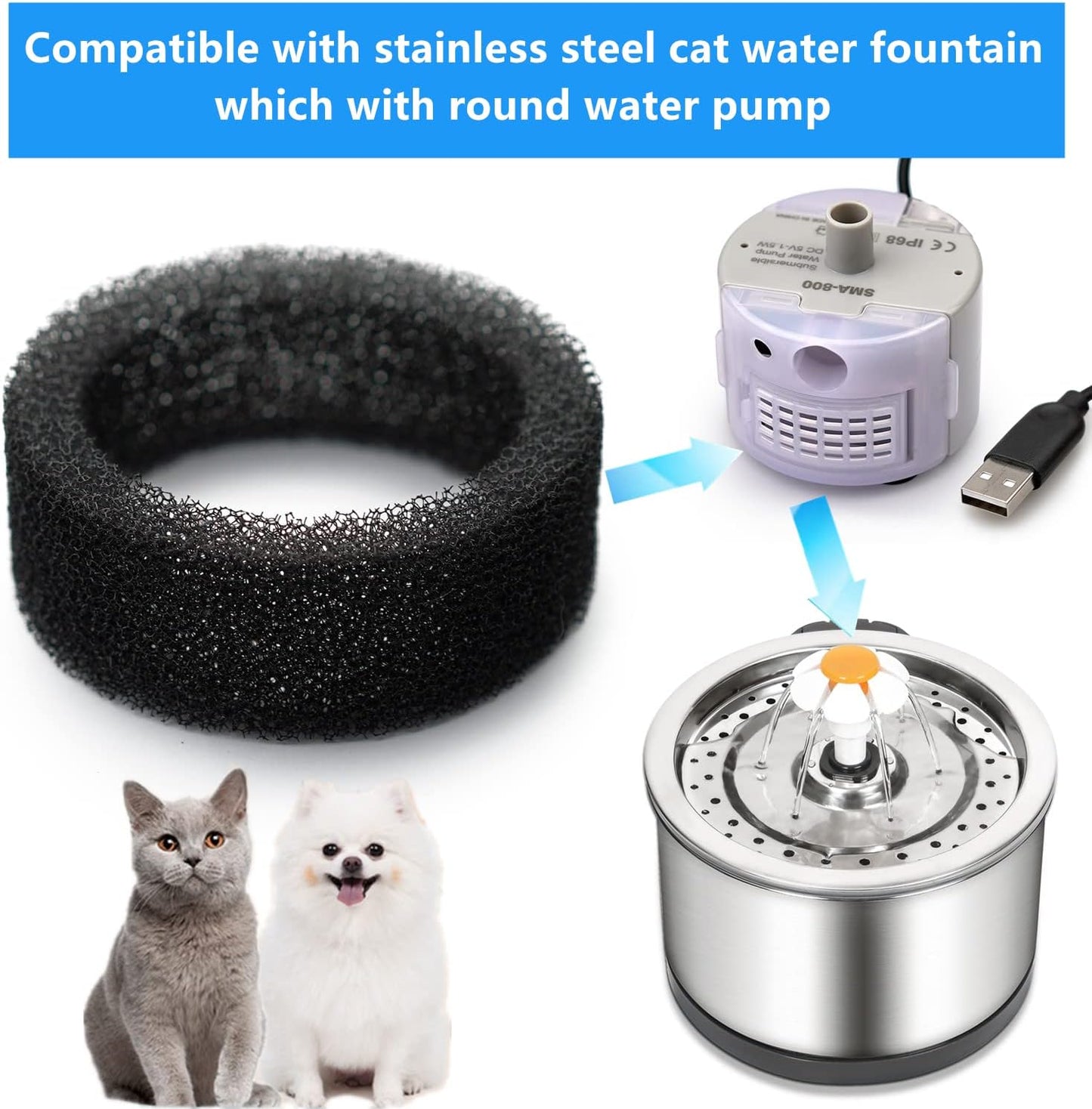8 Pieces Pet Water Fountain Filter Sponge Replacement for 2.5 L/84 oz 2.2 L/ 74 oz Stainless Steel Cat Fountains, Black Round Filter Foam for stainless steel Cat Drink Fountains