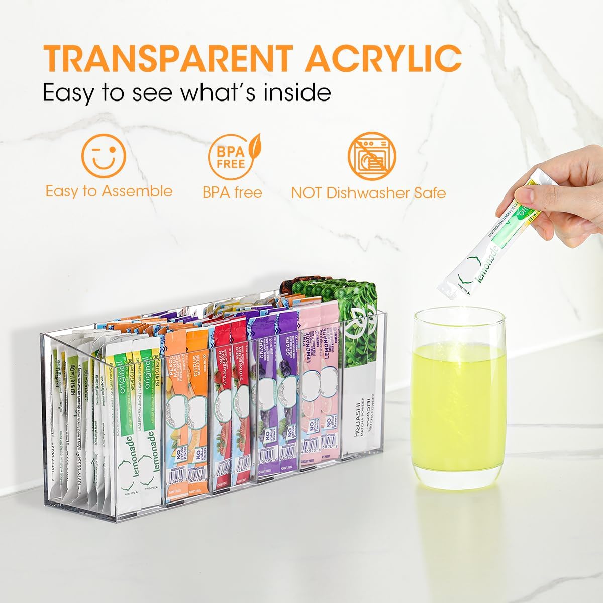 AIEVE Drink Packet Organizer, Mountable Water Packet Organization Holder with Adhesive & Magnetic Sticker, Pantry Organizers Kitchen Storage for Countertop Table Fridge Cabinet