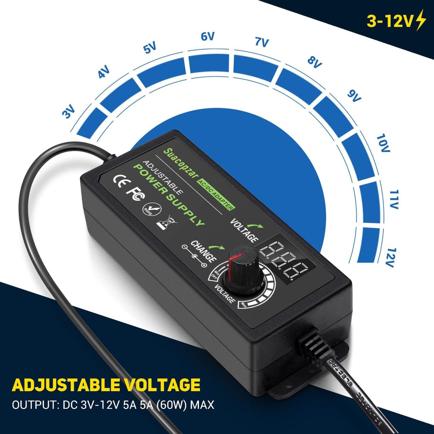 60W Power Supply Adjustable DC 3V ~ 12V 5A, Variable Universal Switching AC/DC Adapter with LED Display, 100V-240V AC to DC Converter with 5.5x2.1mm & 5.5x2.5mm, Variable Adapter for LED Strip Light